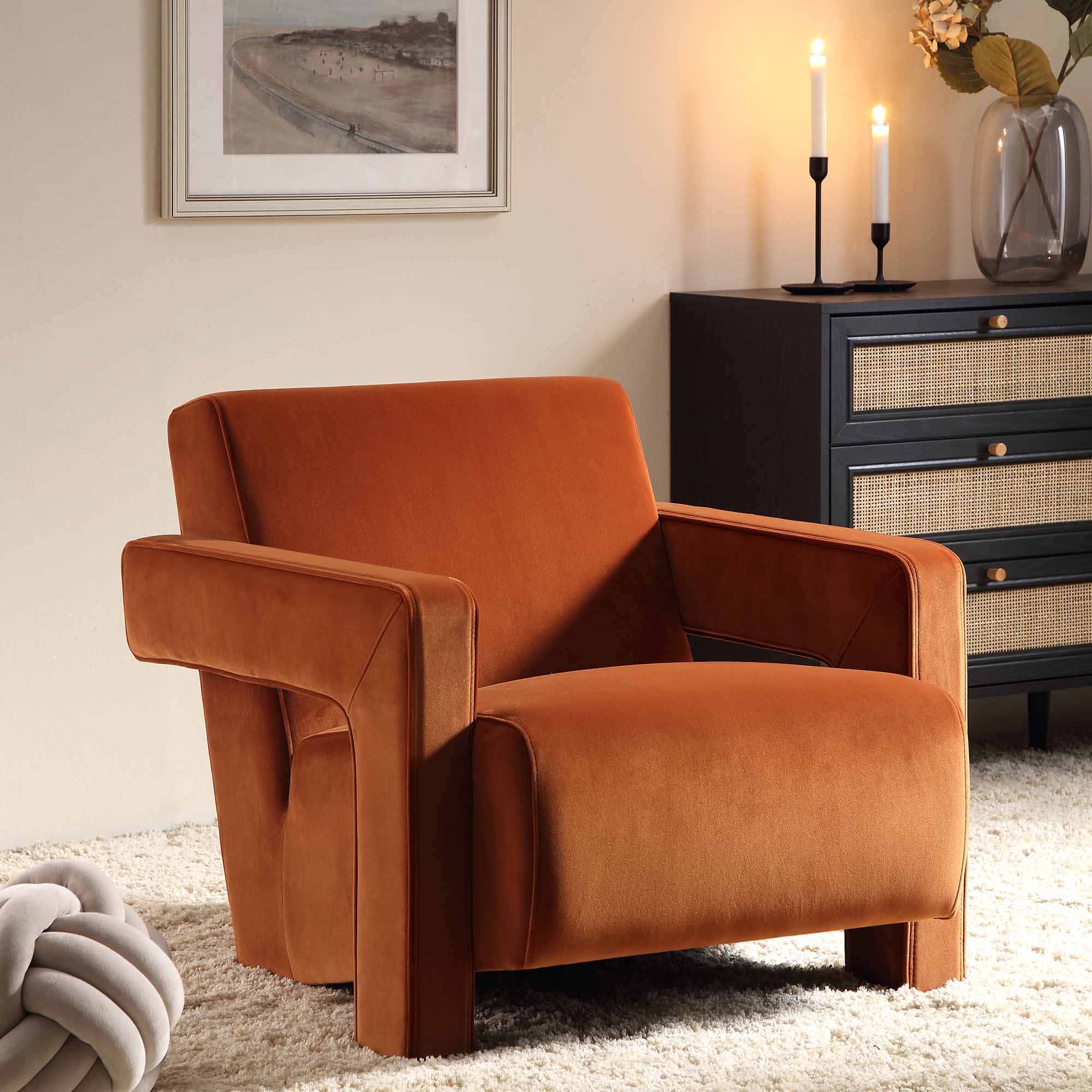 brompton sculptural armchair, rust velvet brompton sculptural armchair, rust velvet