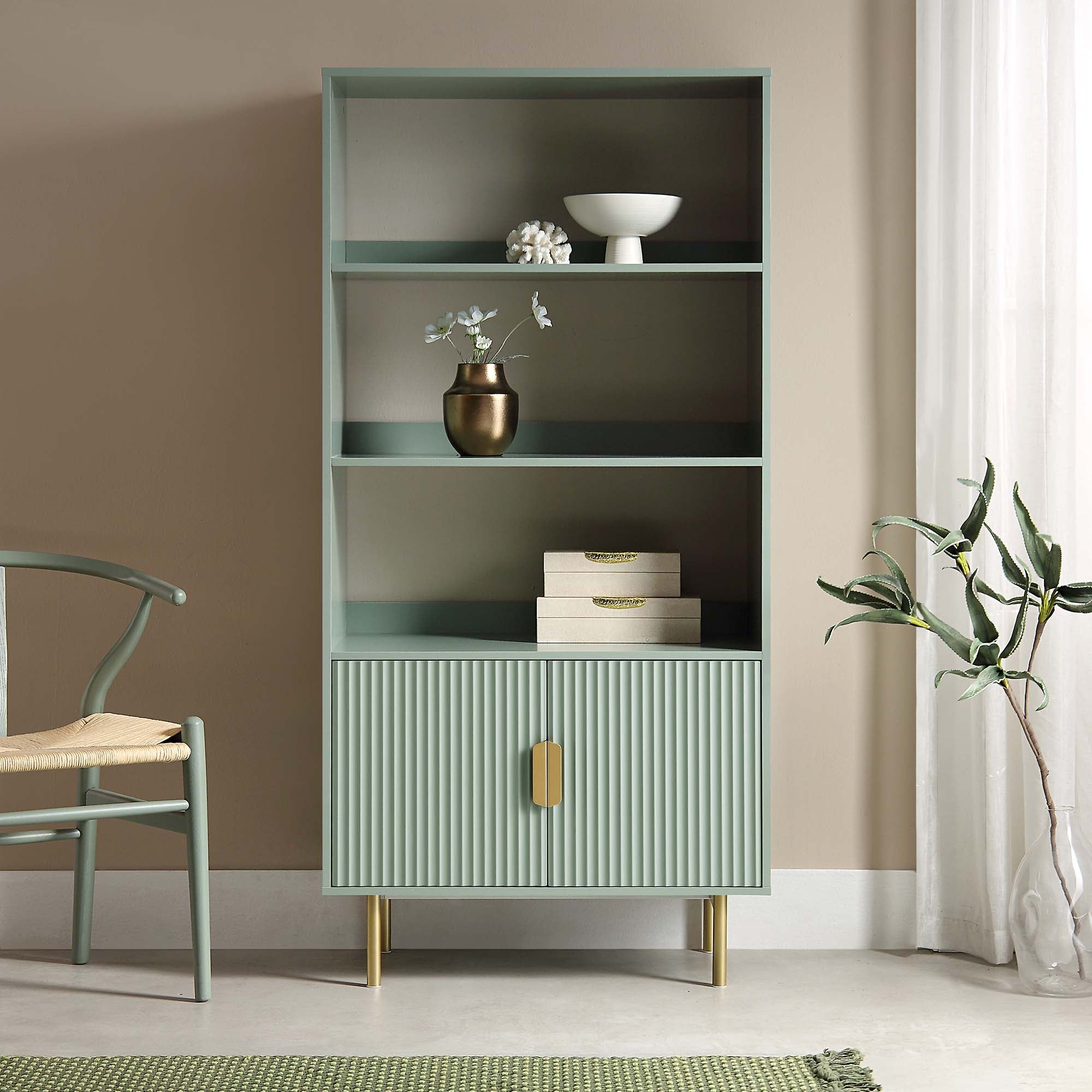 richmond ridged tall bookcase with doors, matte sage green richmond ridged tall bookcase with doors, matte sage green