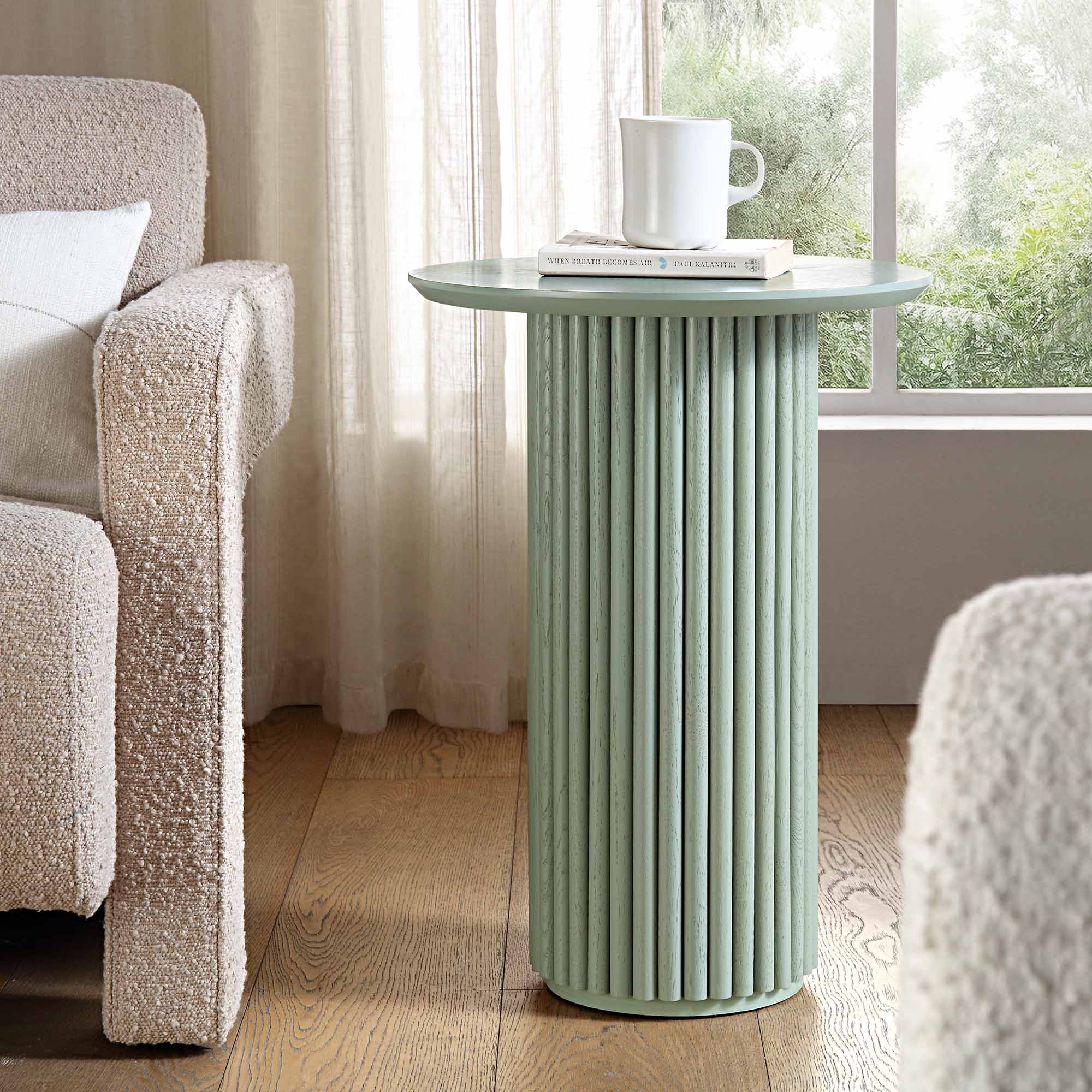 maru oak round side table, sage green maru oak round side table, sage green
