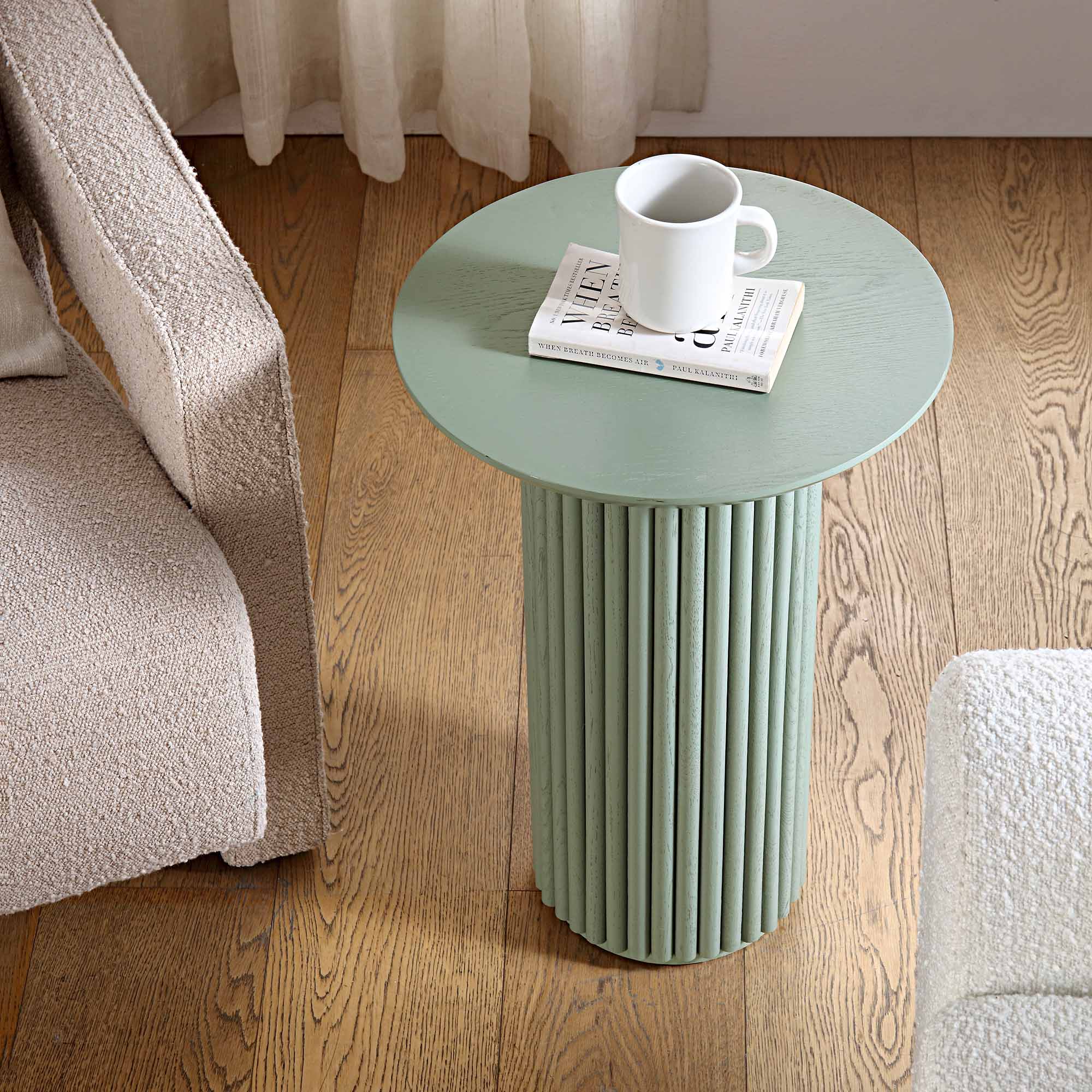 maru oak round side table, sage green maru oak round side table, sage green