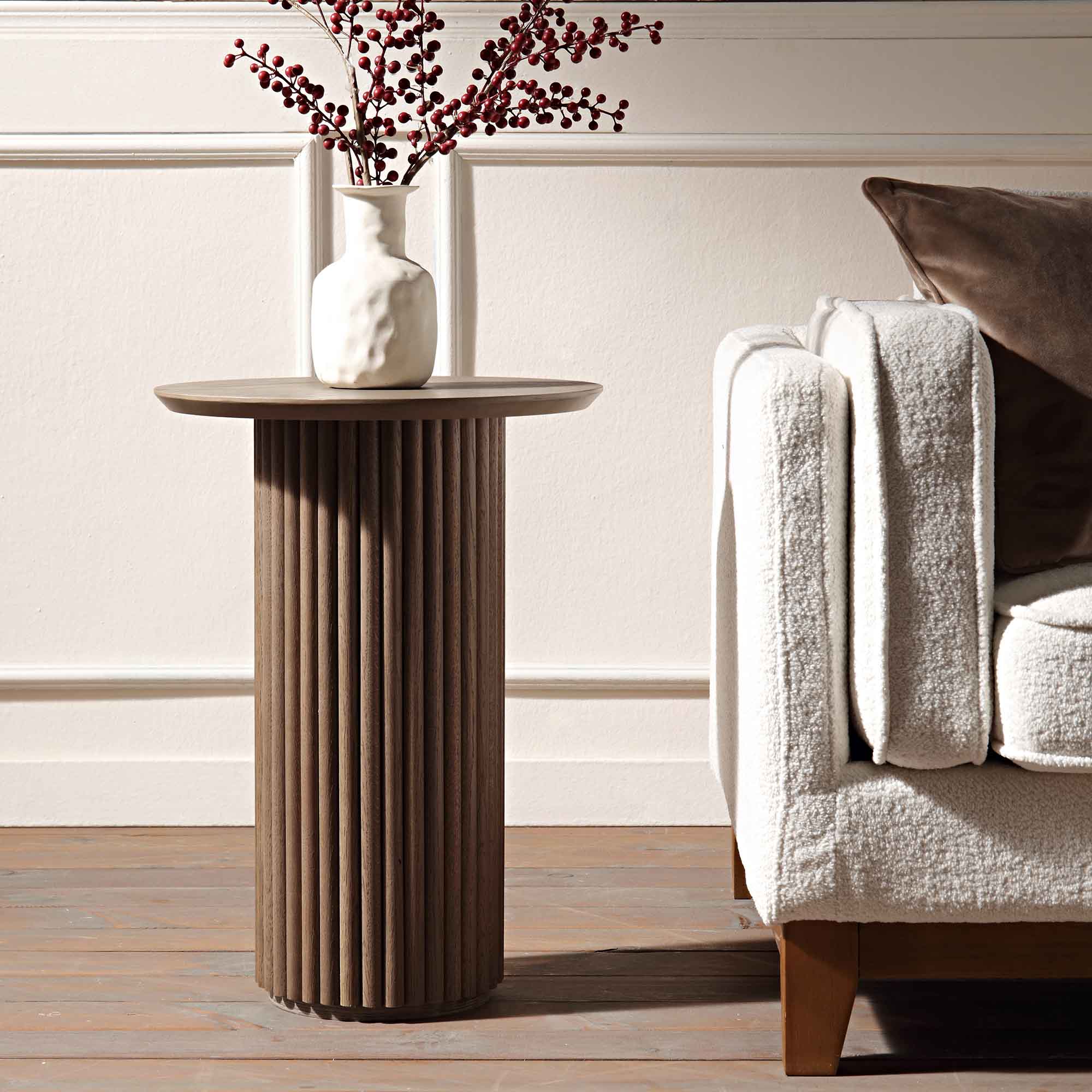 maru oak round side table, silver oak maru oak round side table, silver oak