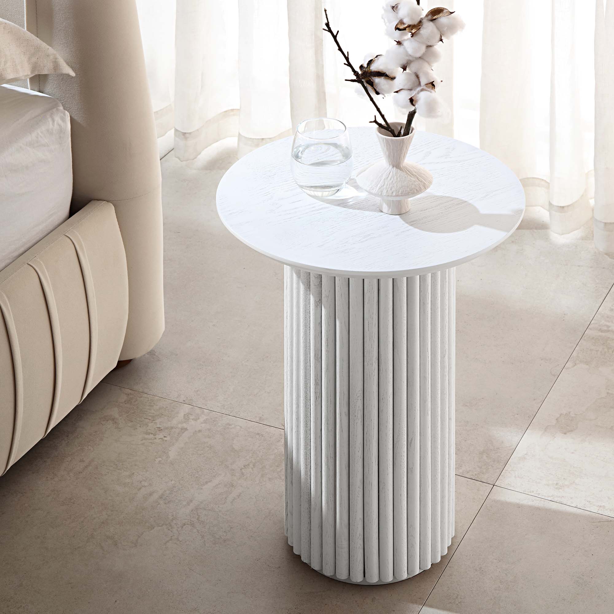 maru oak round side table, washed white maru oak round side table, washed white