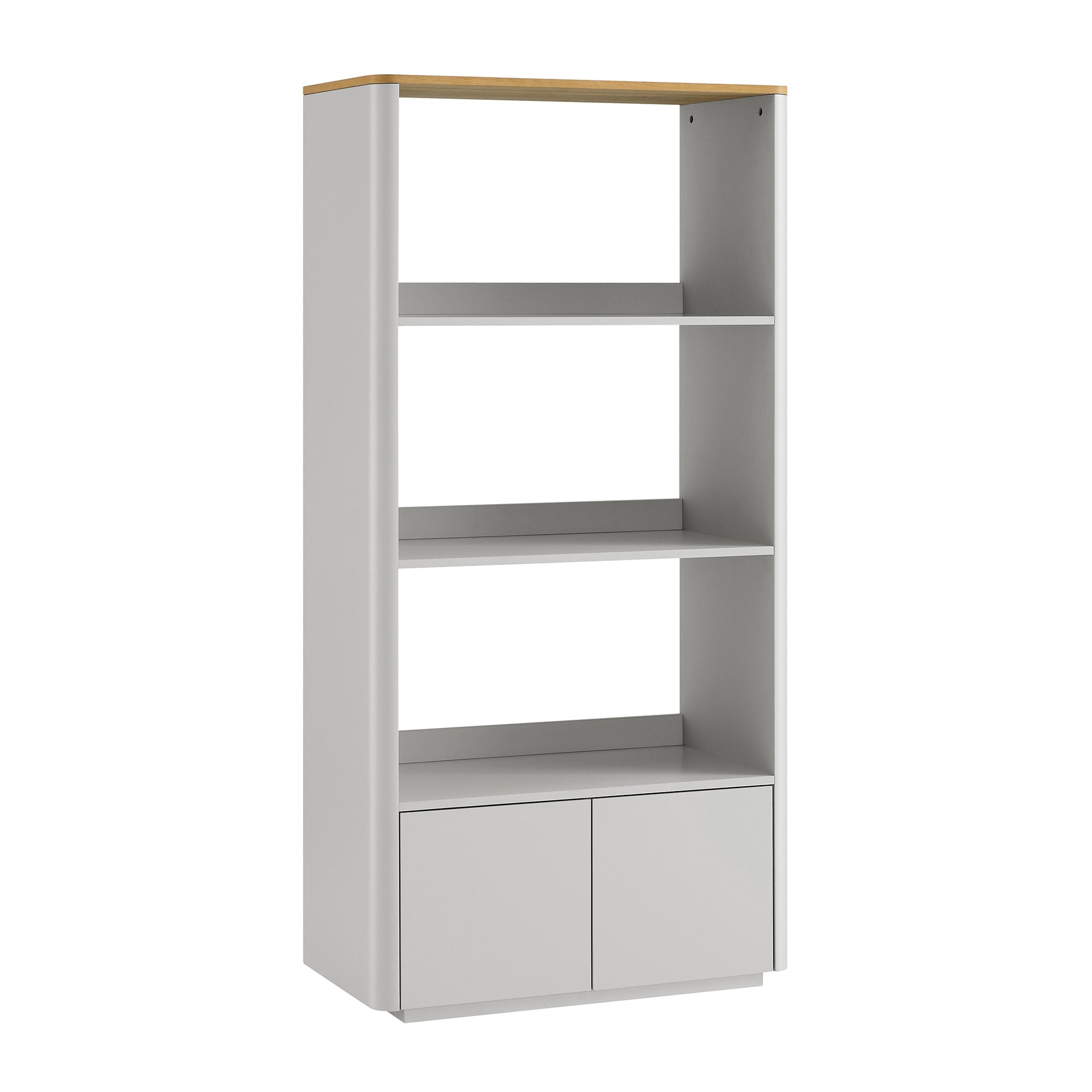 agnes curved edge bookcase, dove gray with oak top agnes curved edge bookcase, dove gray with oak top