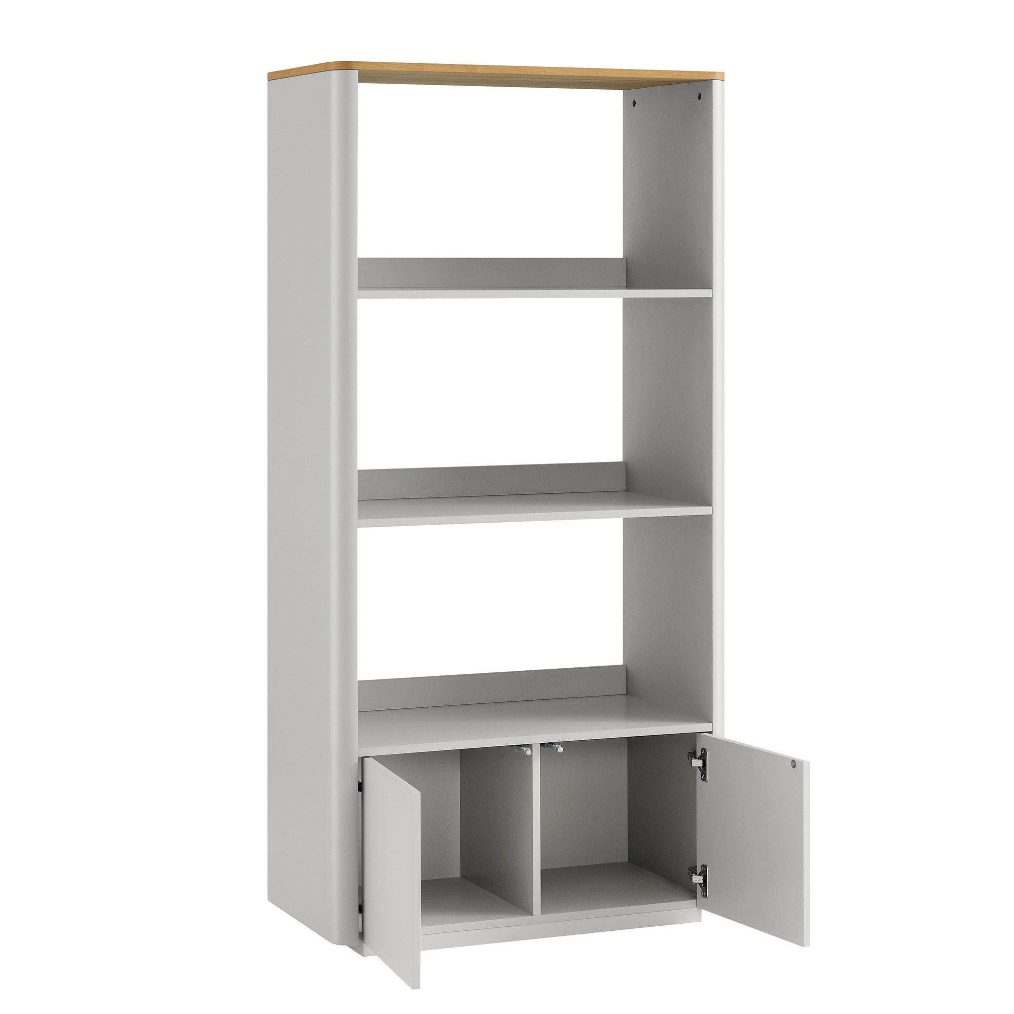 agnes curved edge bookcase, dove gray with oak top agnes curved edge bookcase, dove gray with oak top