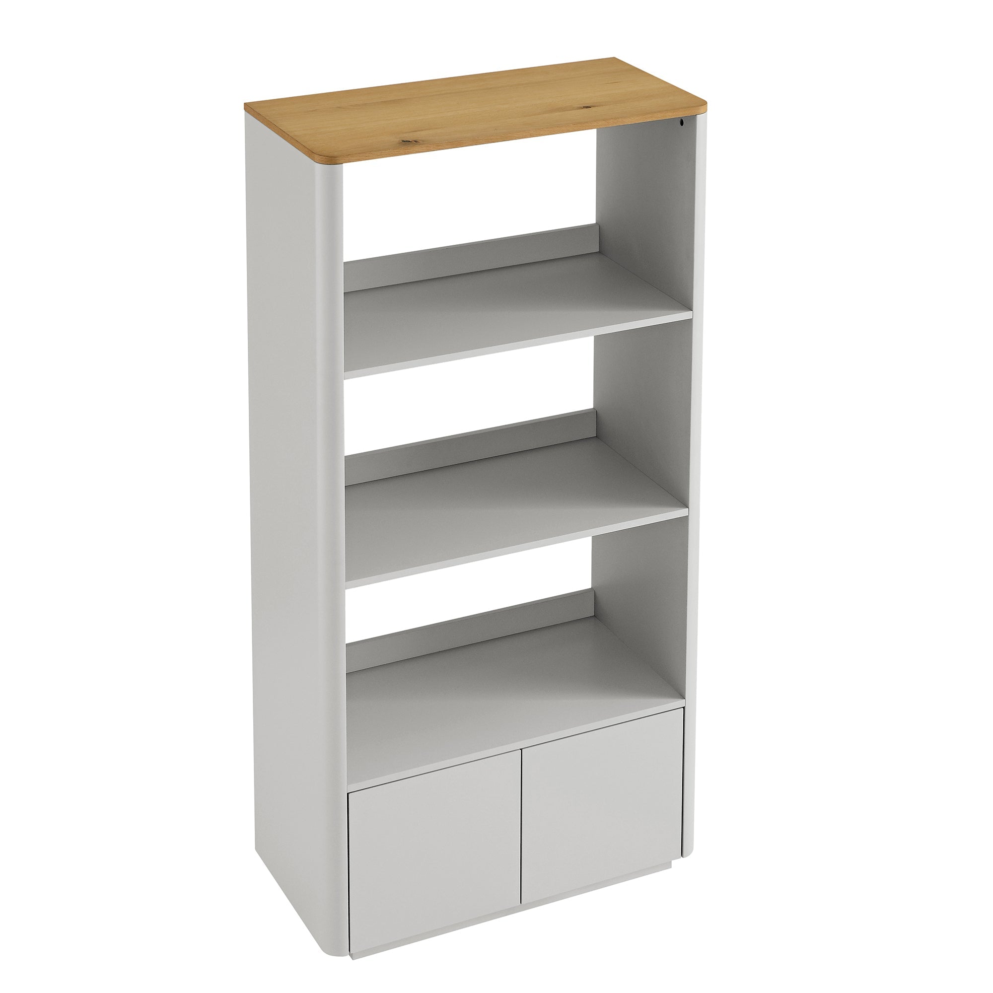 agnes curved edge bookcase, dove gray with oak top agnes curved edge bookcase, dove gray with oak top