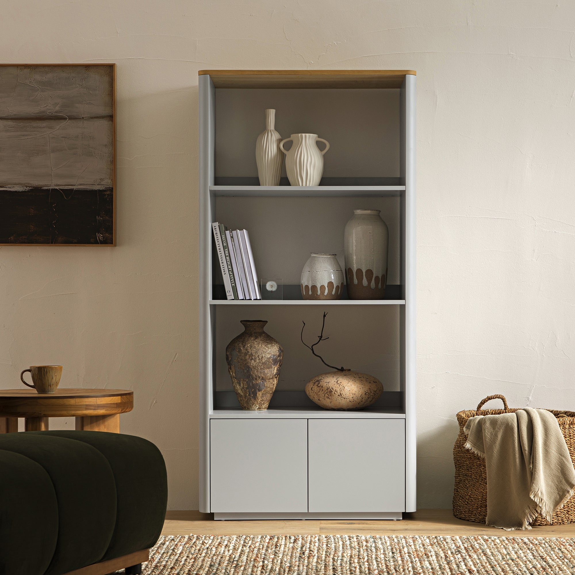 agnes curved edge bookcase, dove gray with oak top agnes curved edge bookcase, dove gray with oak top