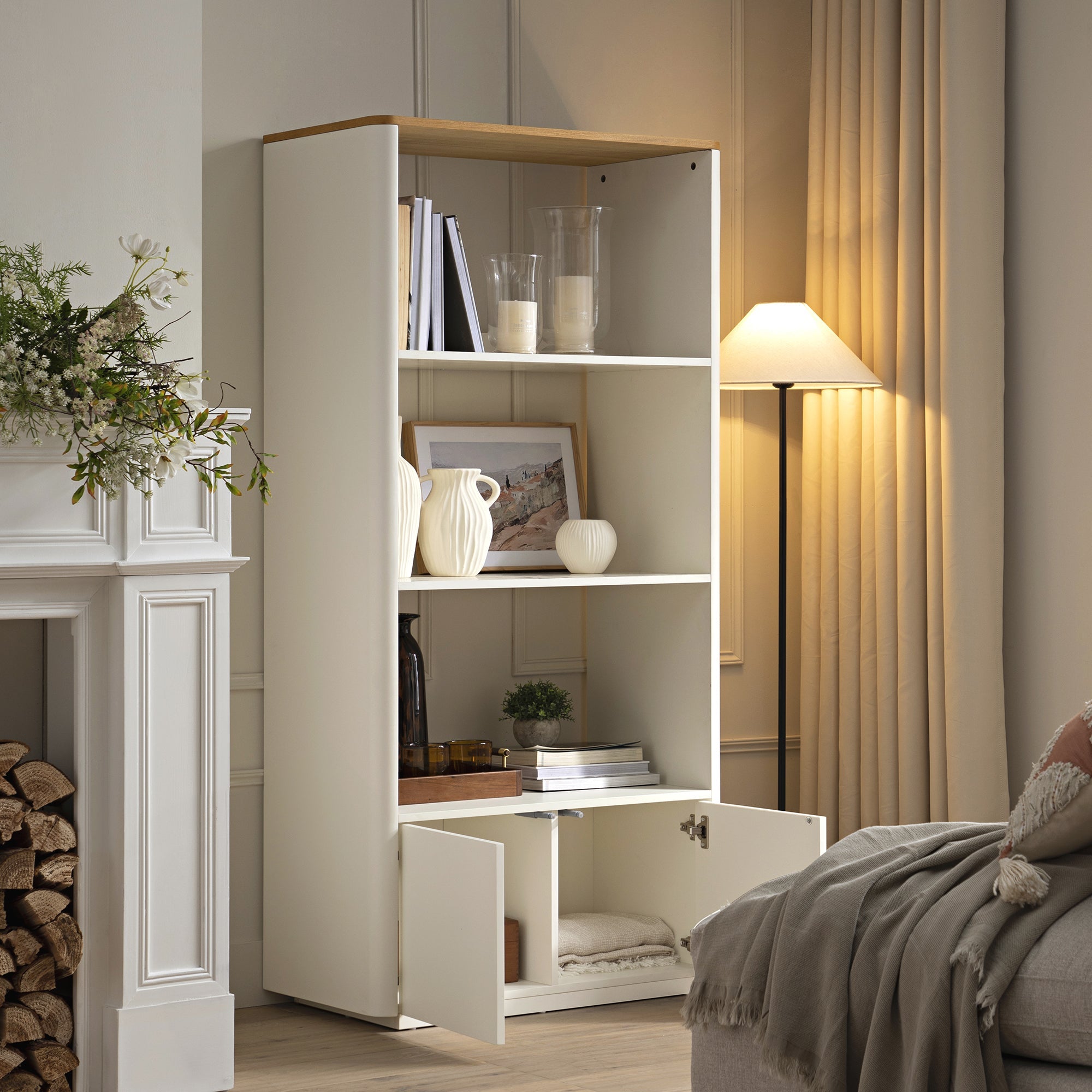 agnes curved edge bookcase, off white with oak top agnes curved edge bookcase, off white with oak top