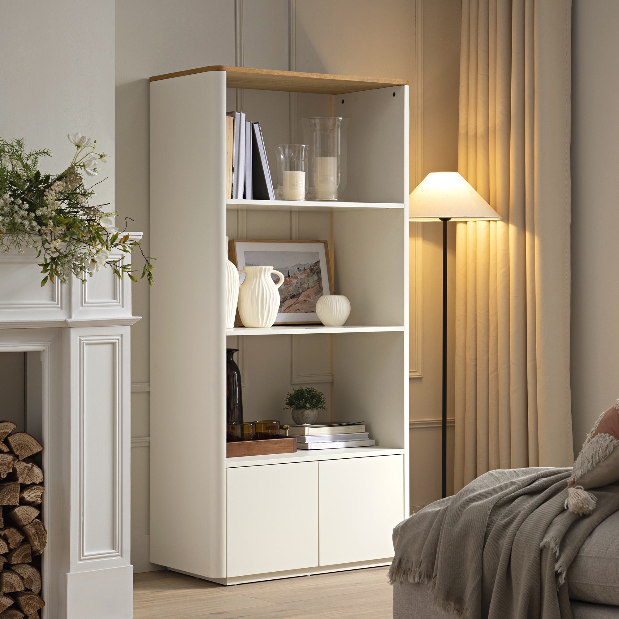 agnes curved edge bookcase, off white with oak top agnes curved edge bookcase, off white with oak top