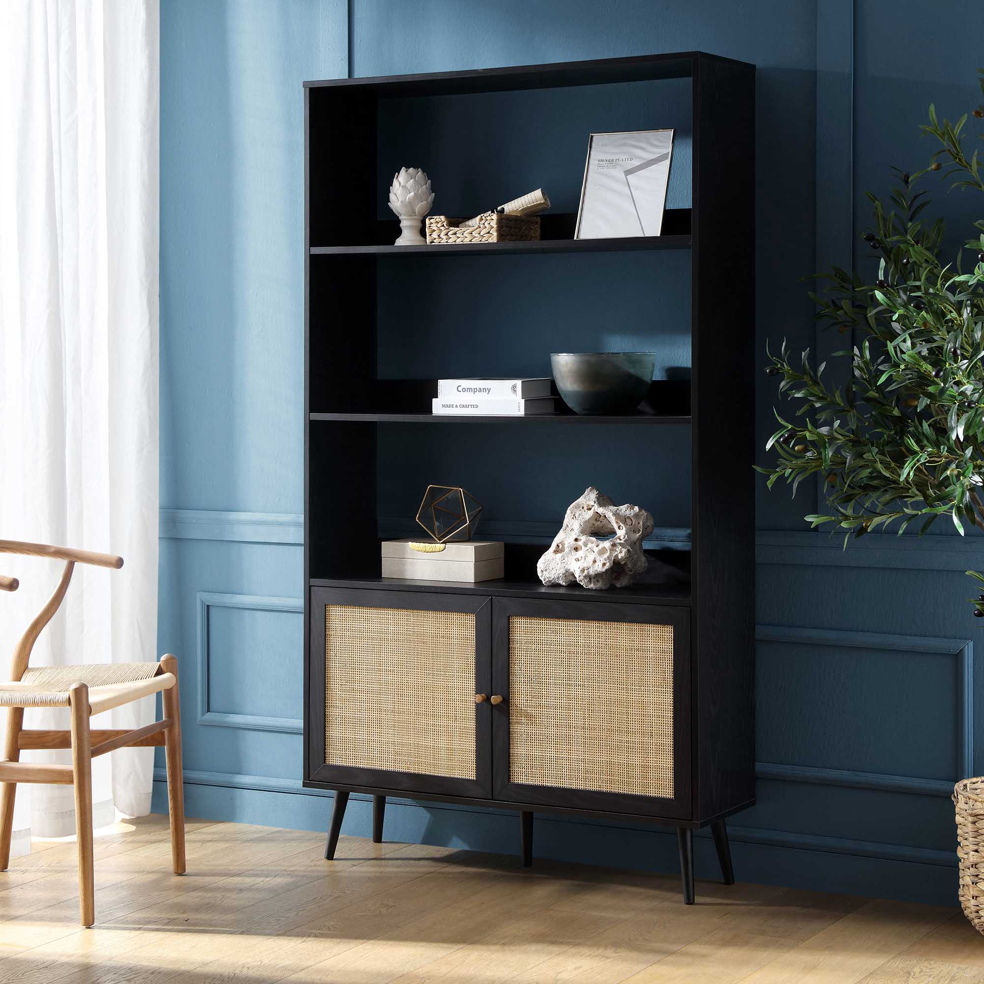 frances woven rattan bookcase with doors, black frances woven rattan bookcase with doors, black