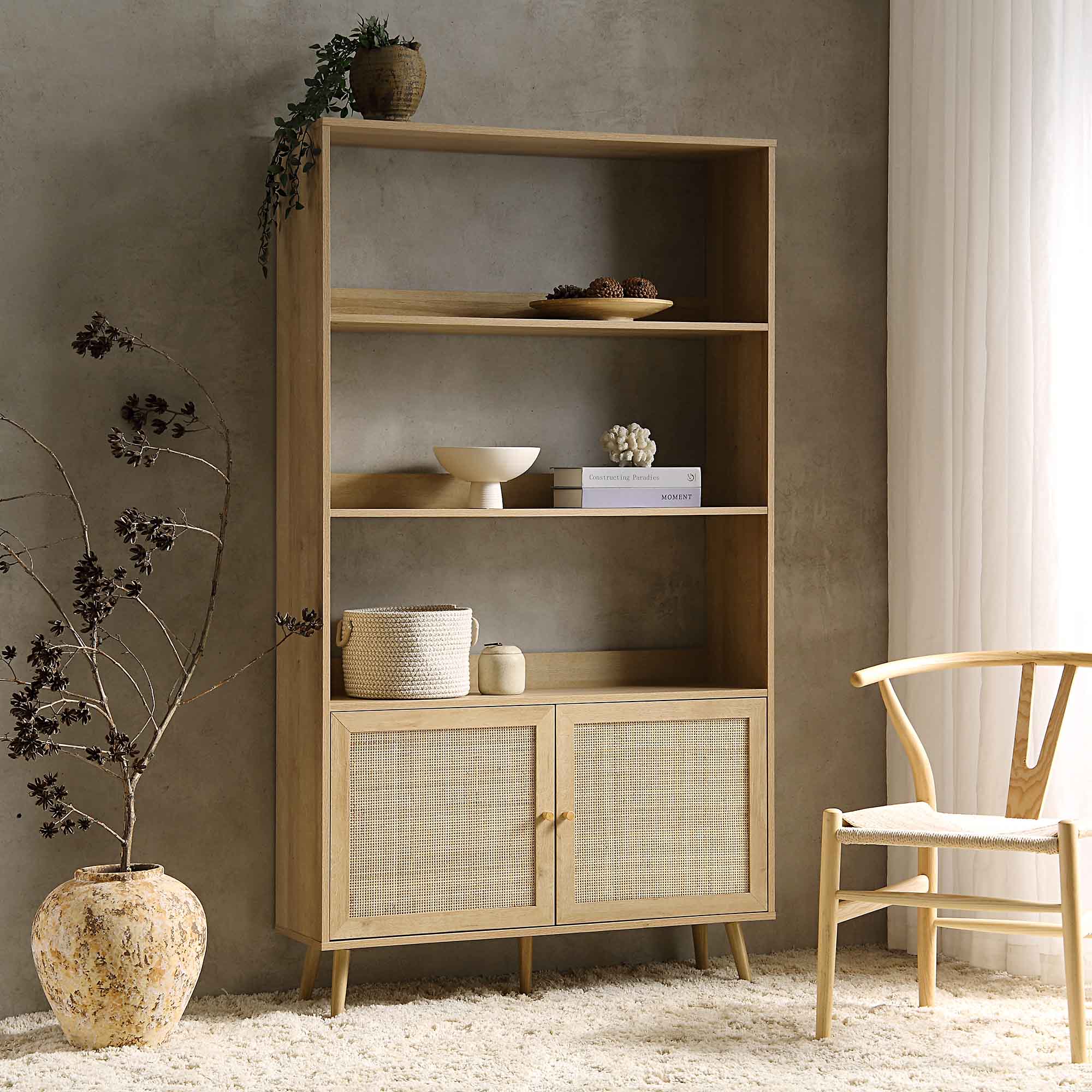 frances woven rattan bookcase with doors, natural frances woven rattan bookcase with doors, natural