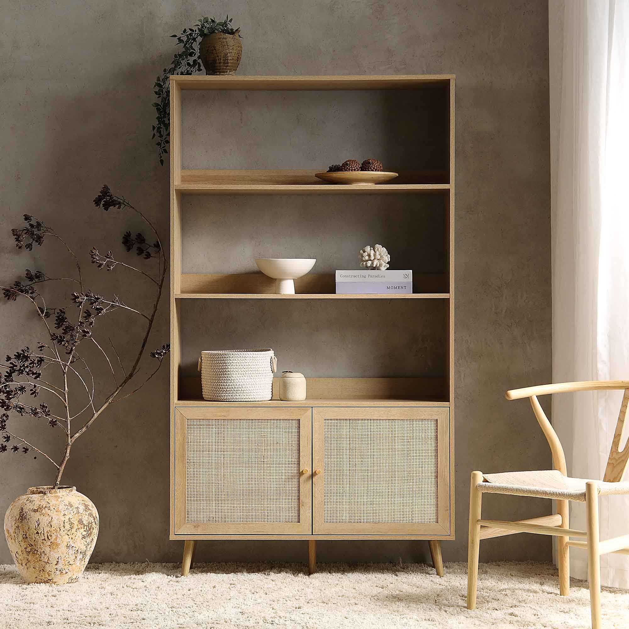 frances woven rattan bookcase with doors, natural frances woven rattan bookcase with doors, natural