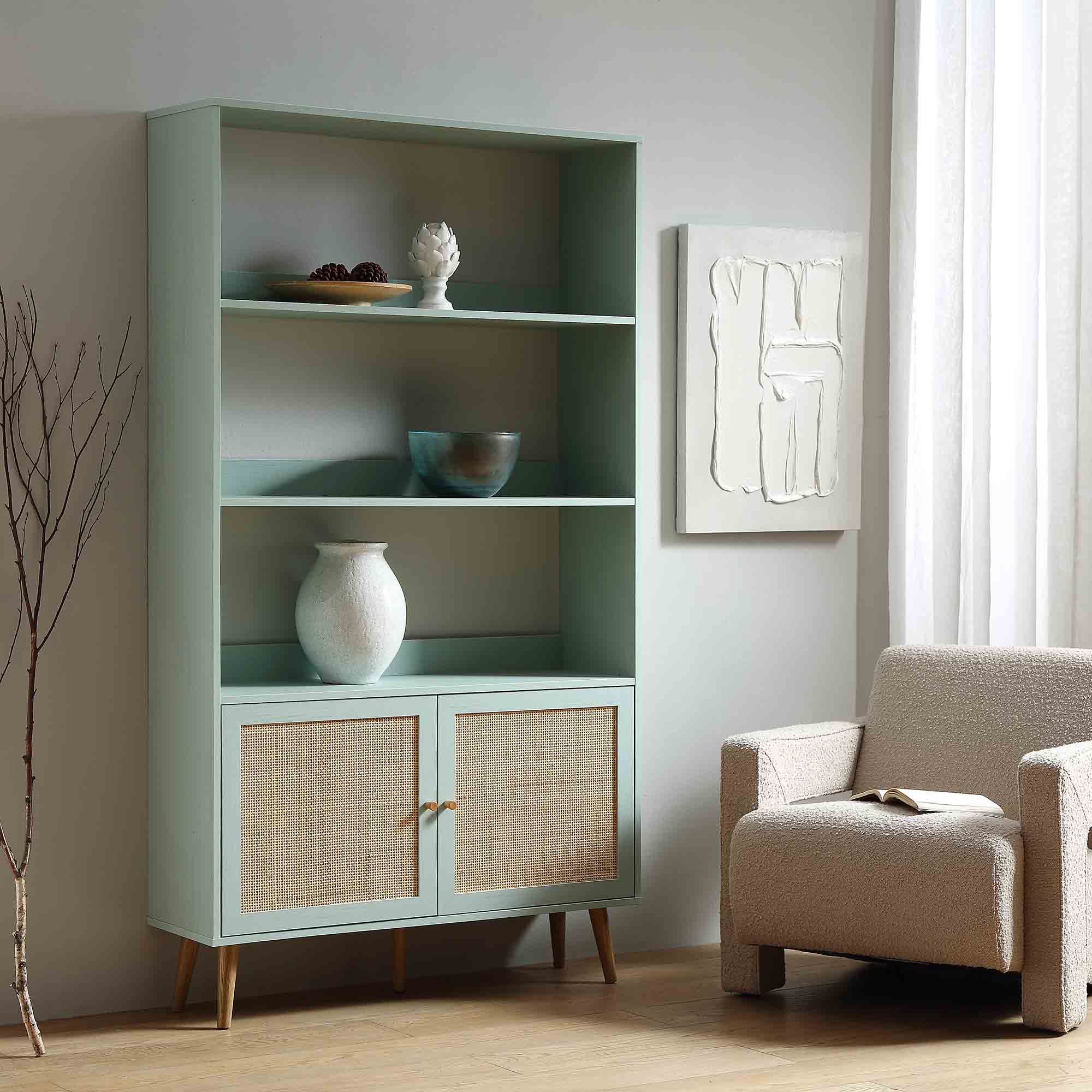 frances woven rattan bookcase with doors, mint frances woven rattan bookcase with doors, mint