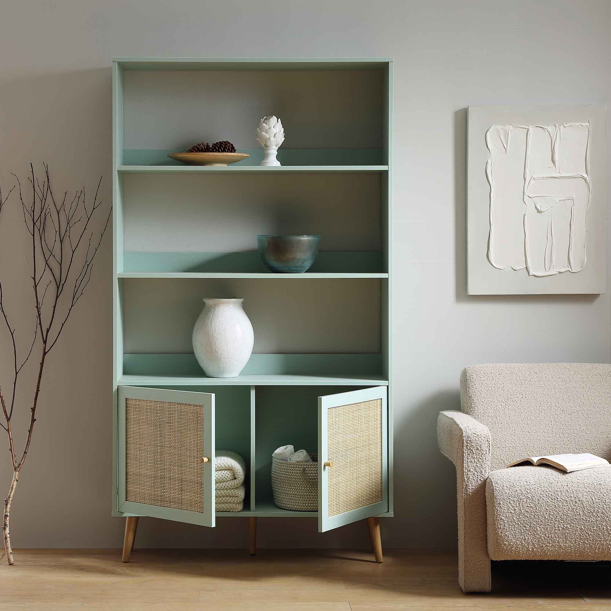 frances woven rattan bookcase with doors, mint frances woven rattan bookcase with doors, mint