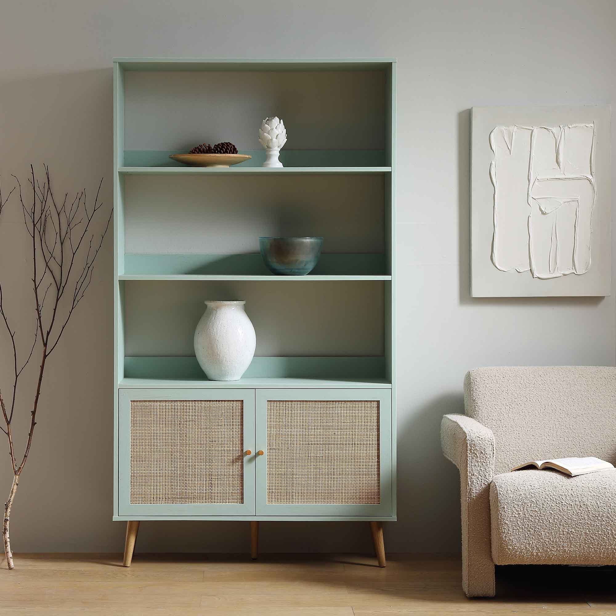 frances woven rattan bookcase with doors, mint frances woven rattan bookcase with doors, mint