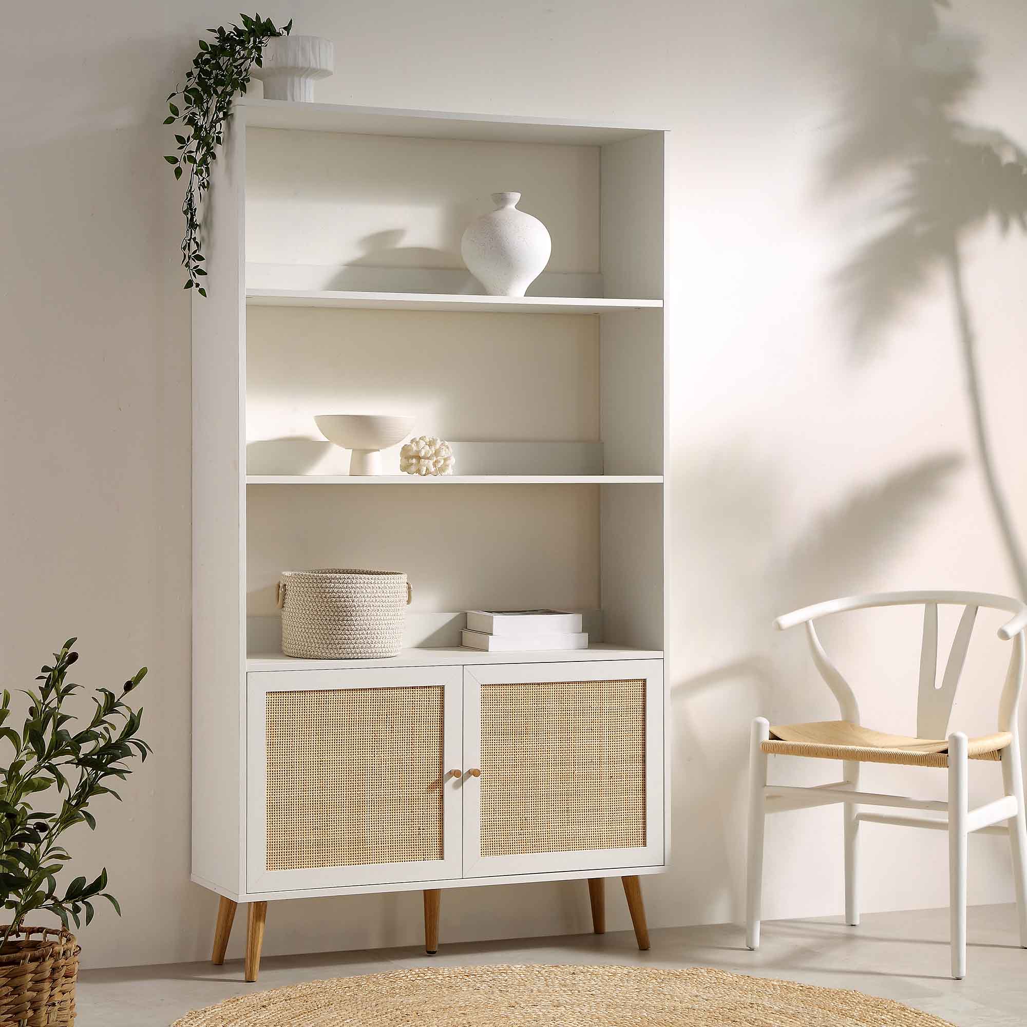 frances woven rattan bookcase with doors, white frances woven rattan bookcase with doors, white