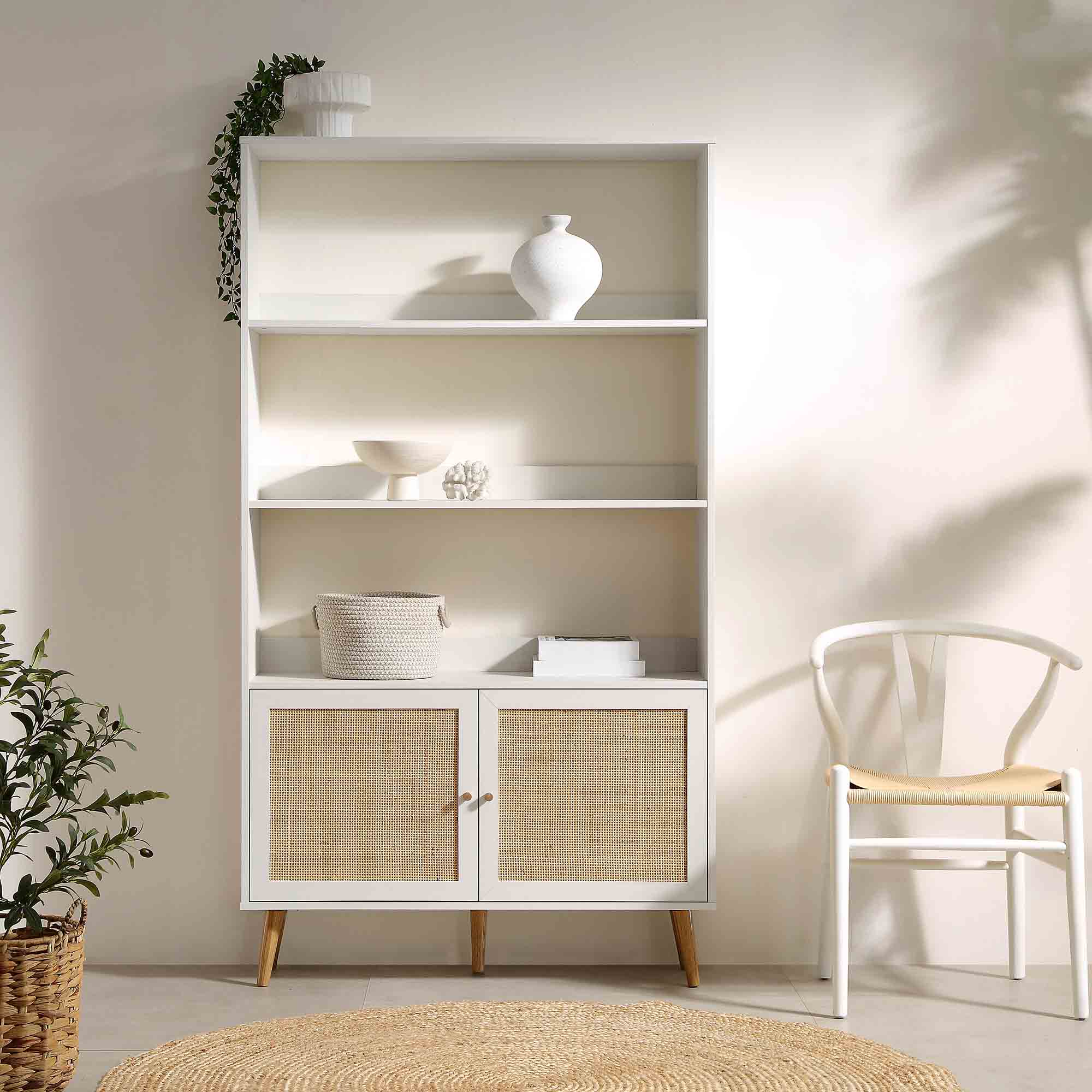 frances woven rattan bookcase with doors, white frances woven rattan bookcase with doors, white