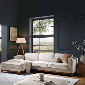 Home dipley champagne velvet sofa, grande chaise sofa left hand facing