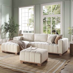 Home belsize beige boucle sofa with wooden base, large chaise left hand facing