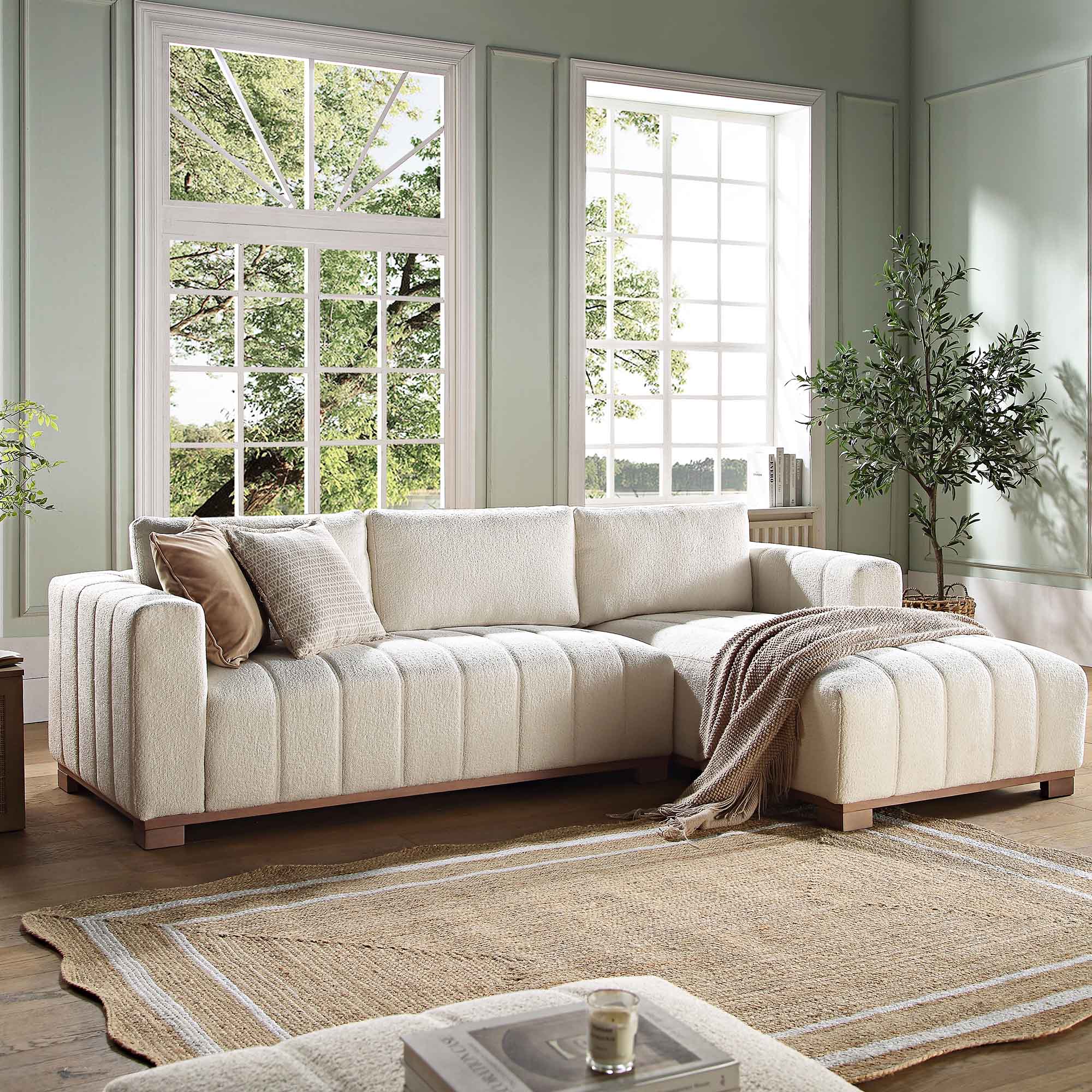 belsize beige boucle sofa with wooden base, large chaise right hand facing belsize beige boucle sofa with wooden base, large chaise right hand facing