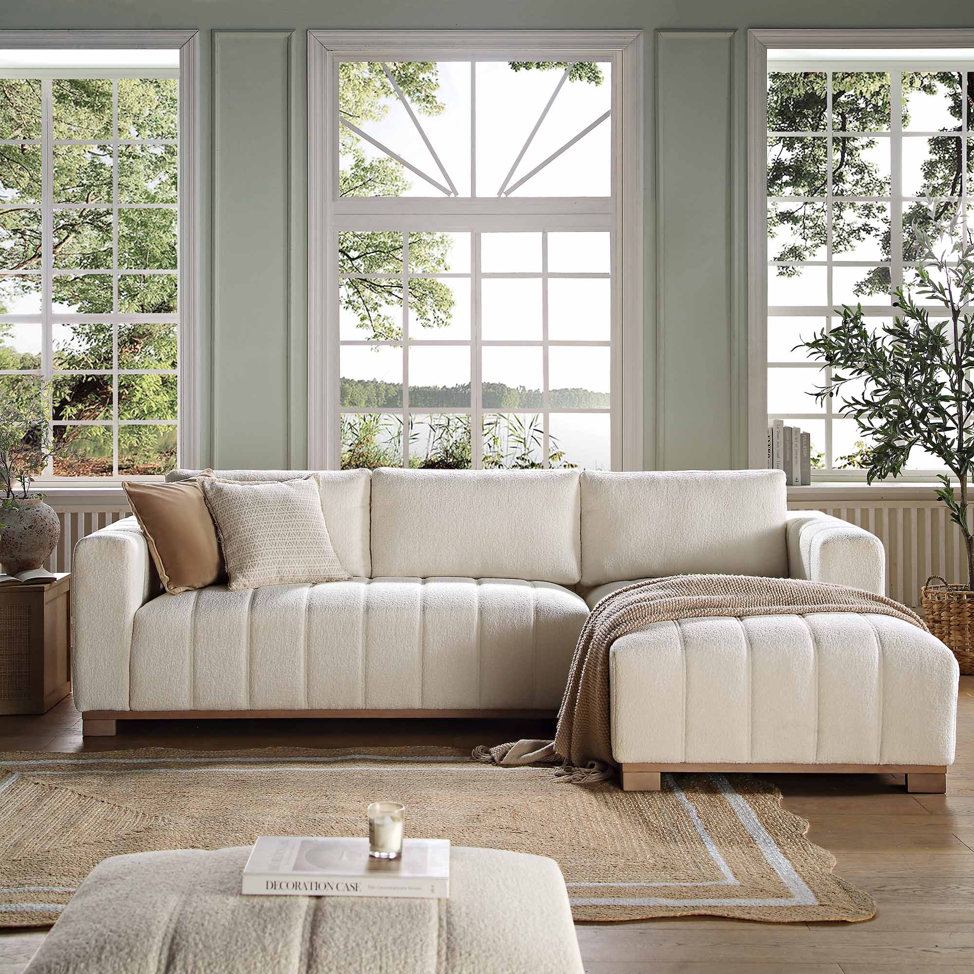 belsize beige boucle sofa with wooden base, large chaise right hand facing belsize beige boucle sofa with wooden base, large chaise right hand facing