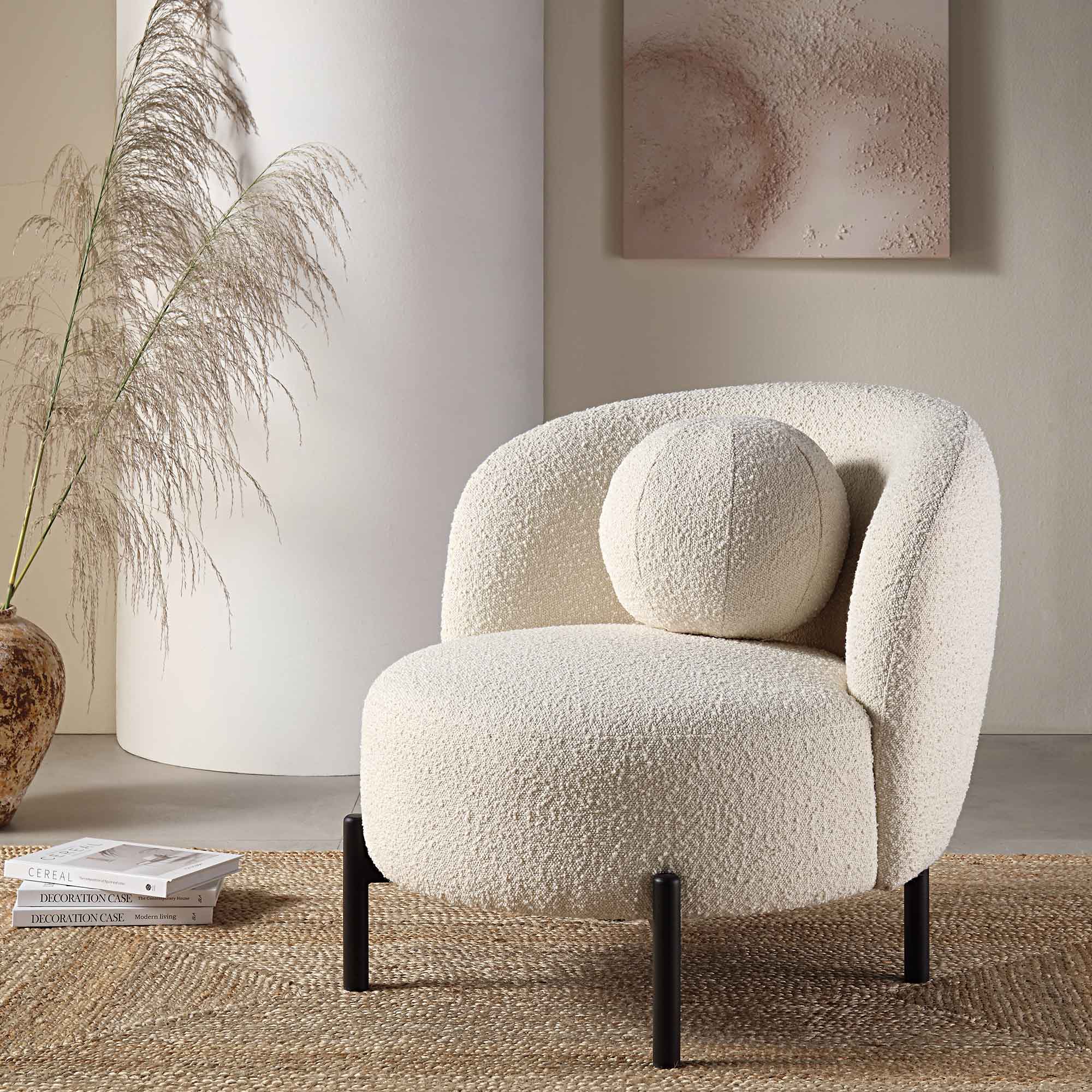 amboise armchair with ball cushion, ecru boucle amboise armchair with ball cushion, ecru boucle