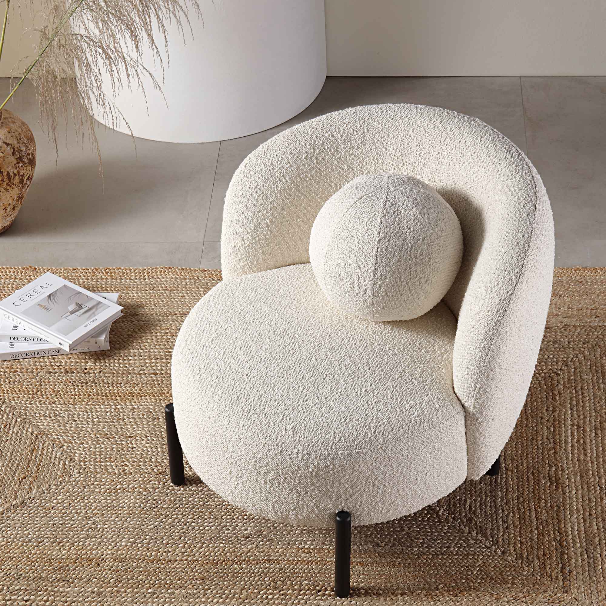 amboise armchair with ball cushion, ecru boucle amboise armchair with ball cushion, ecru boucle