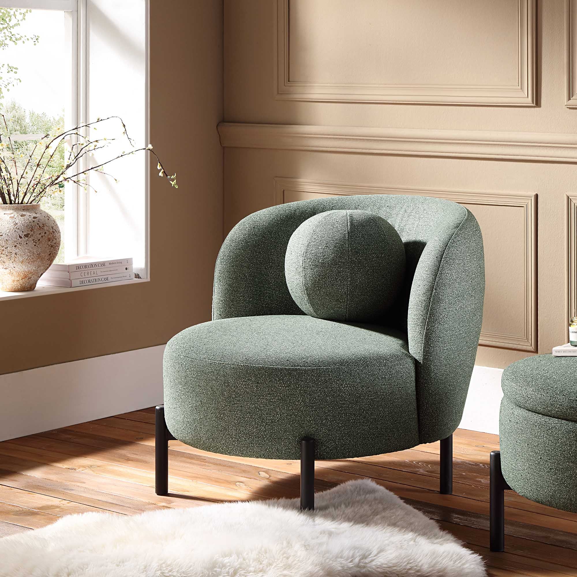 amboise armchair with ball cushion, spruce green textured fabric amboise armchair with ball cushion, spruce green textured fabric