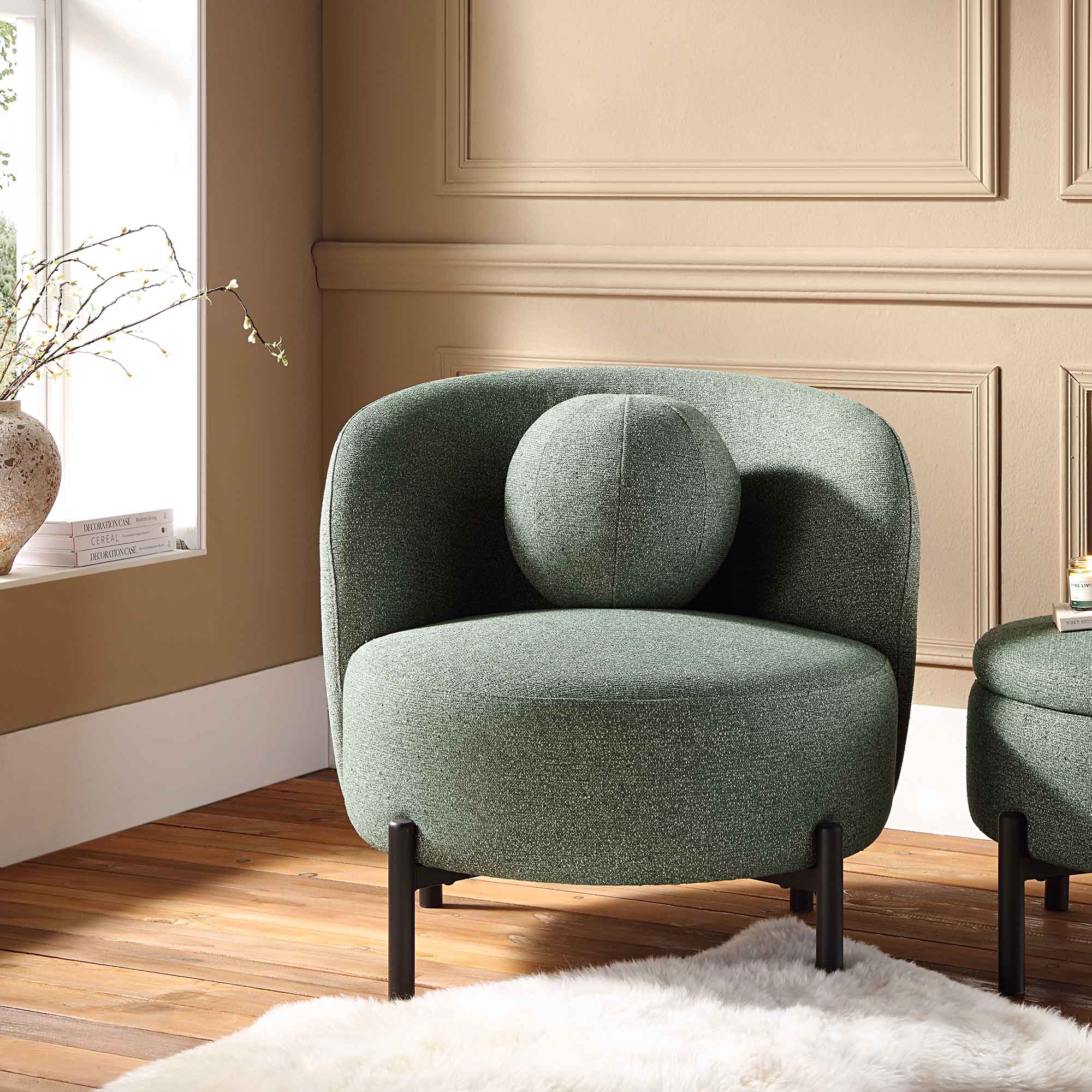 amboise armchair with ball cushion, spruce green textured fabric amboise armchair with ball cushion, spruce green textured fabric