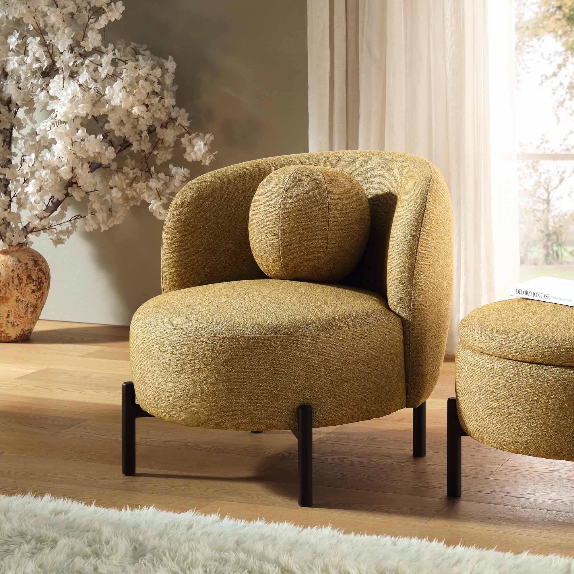 amboise armchair with ball cushion, marigold textured fabric amboise armchair with ball cushion, marigold textured fabric