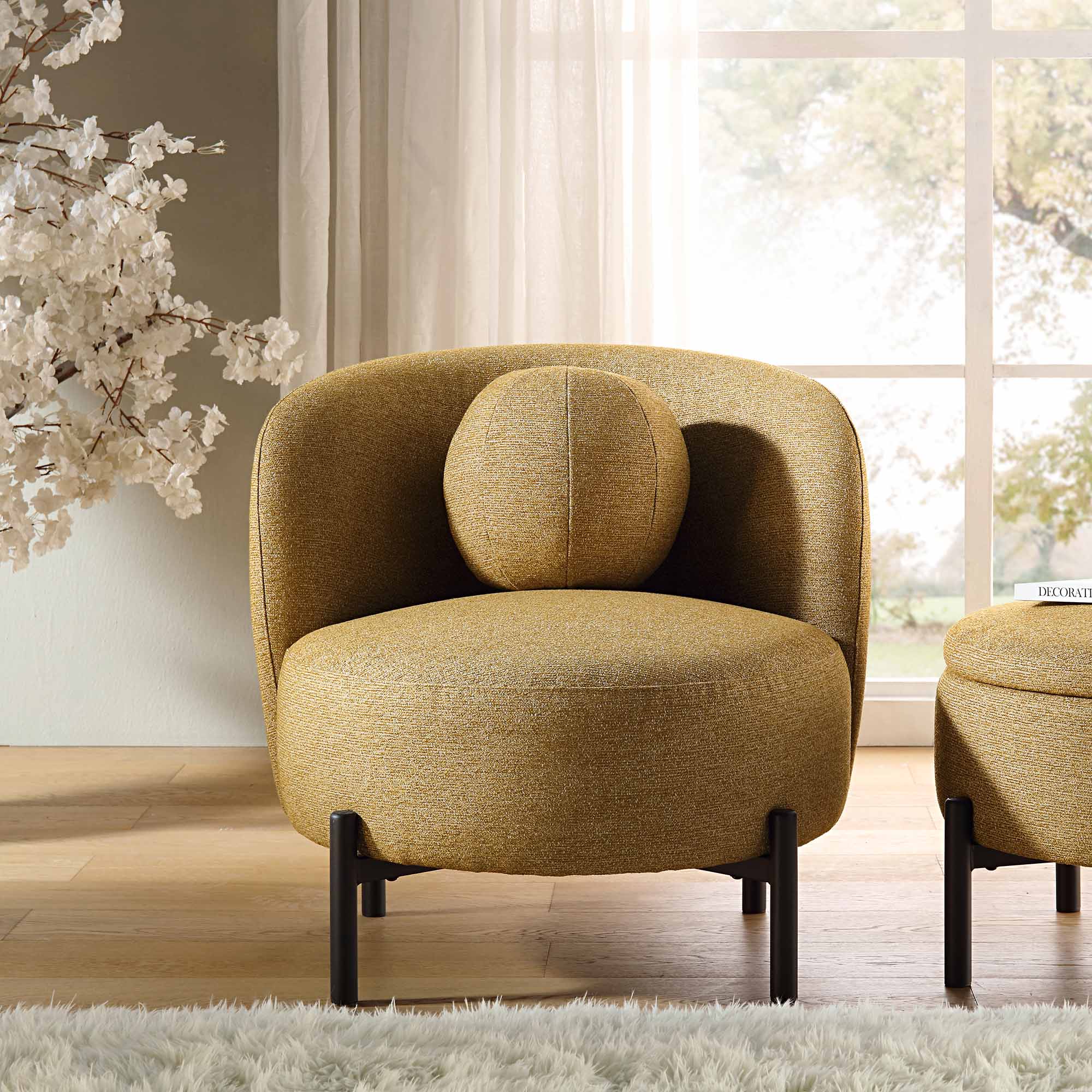 amboise armchair with ball cushion, marigold textured fabric amboise armchair with ball cushion, marigold textured fabric