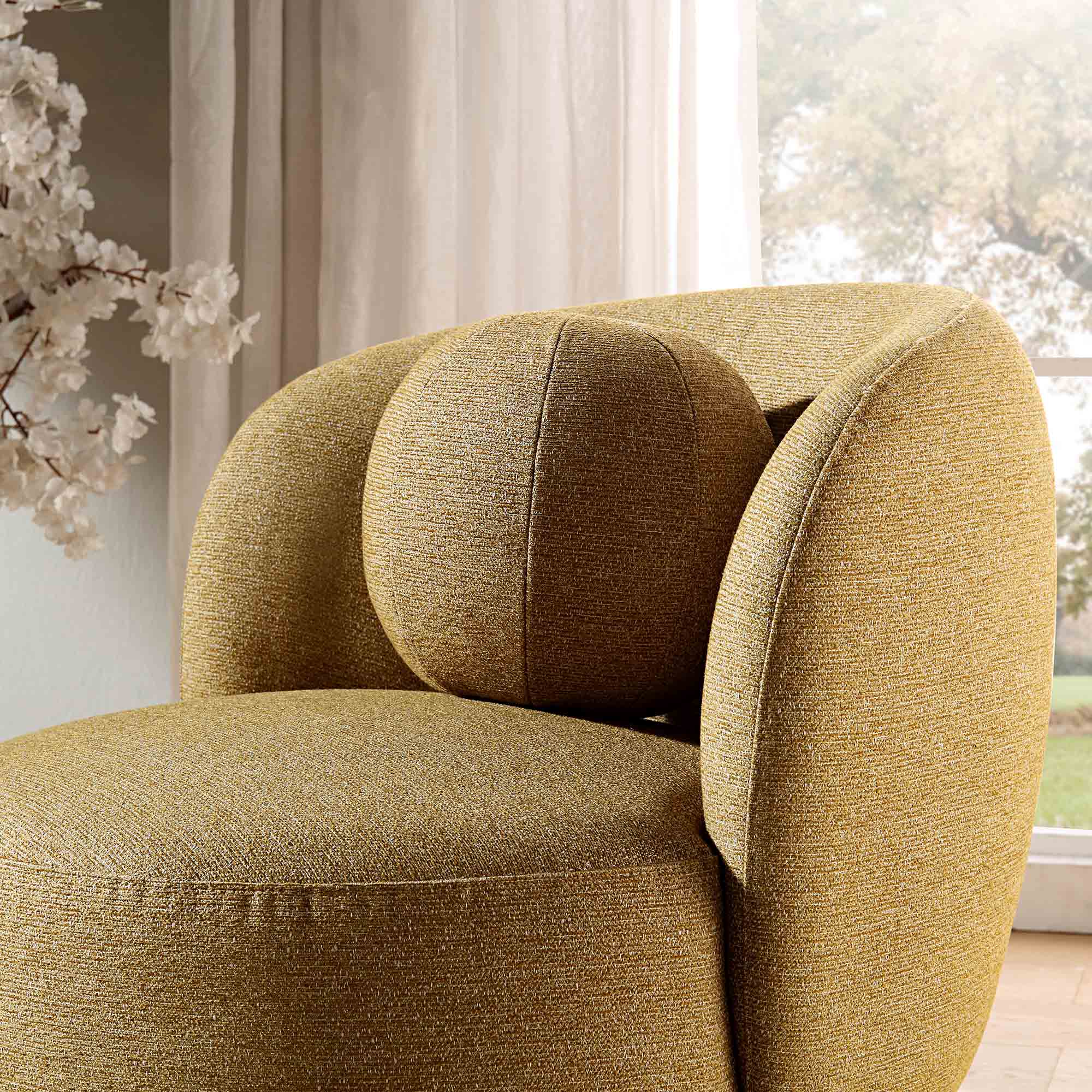 amboise armchair with ball cushion, marigold textured fabric amboise armchair with ball cushion, marigold textured fabric