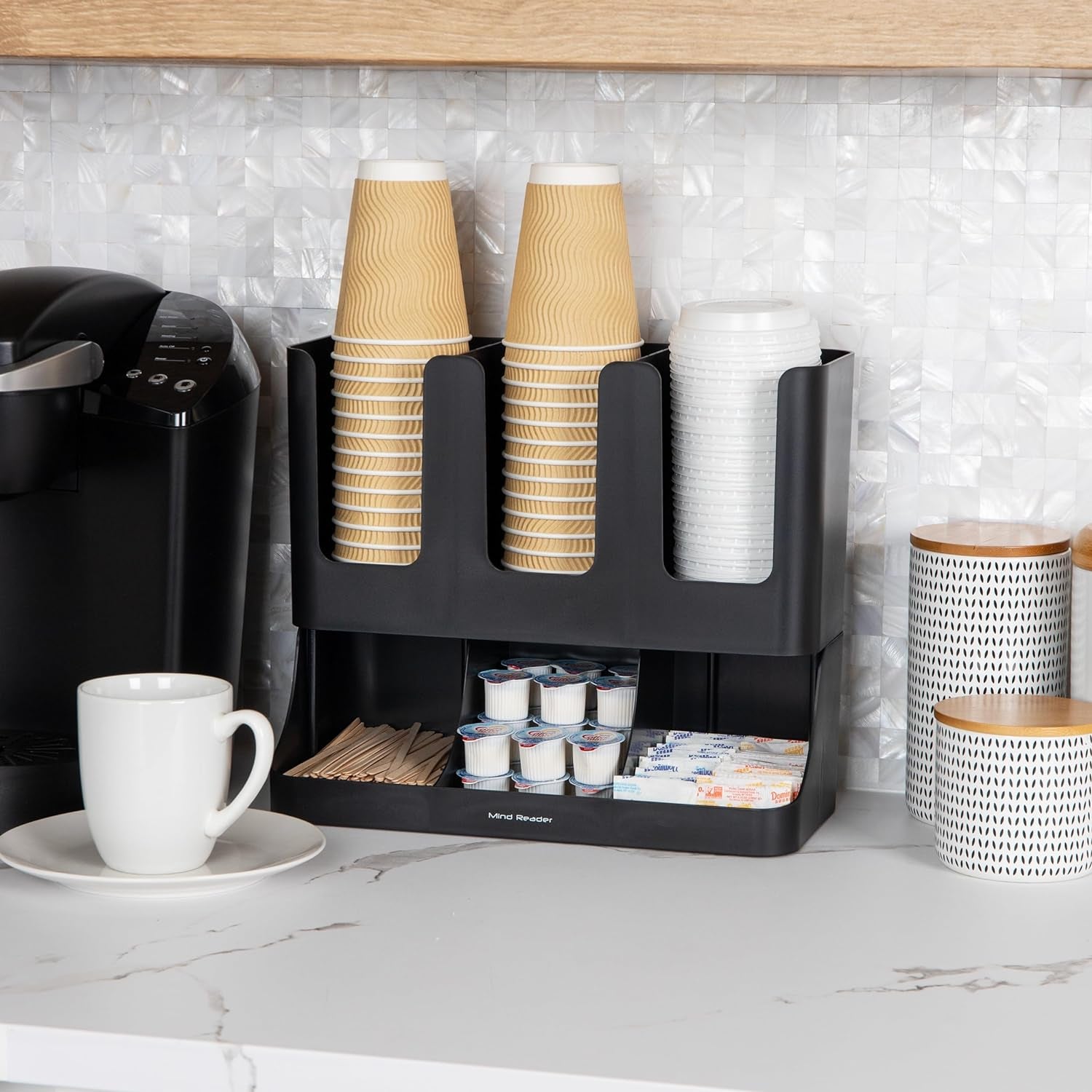 cup and condiment station, 13 inch countertop coffee bar organizer with 6 compartments, storage caddy for cups, lids and packets, plastic, black cup and condiment station, 13 inch countertop coffee bar organizer with 6 compartments, storage caddy for cups, lids and packets, plastic, black