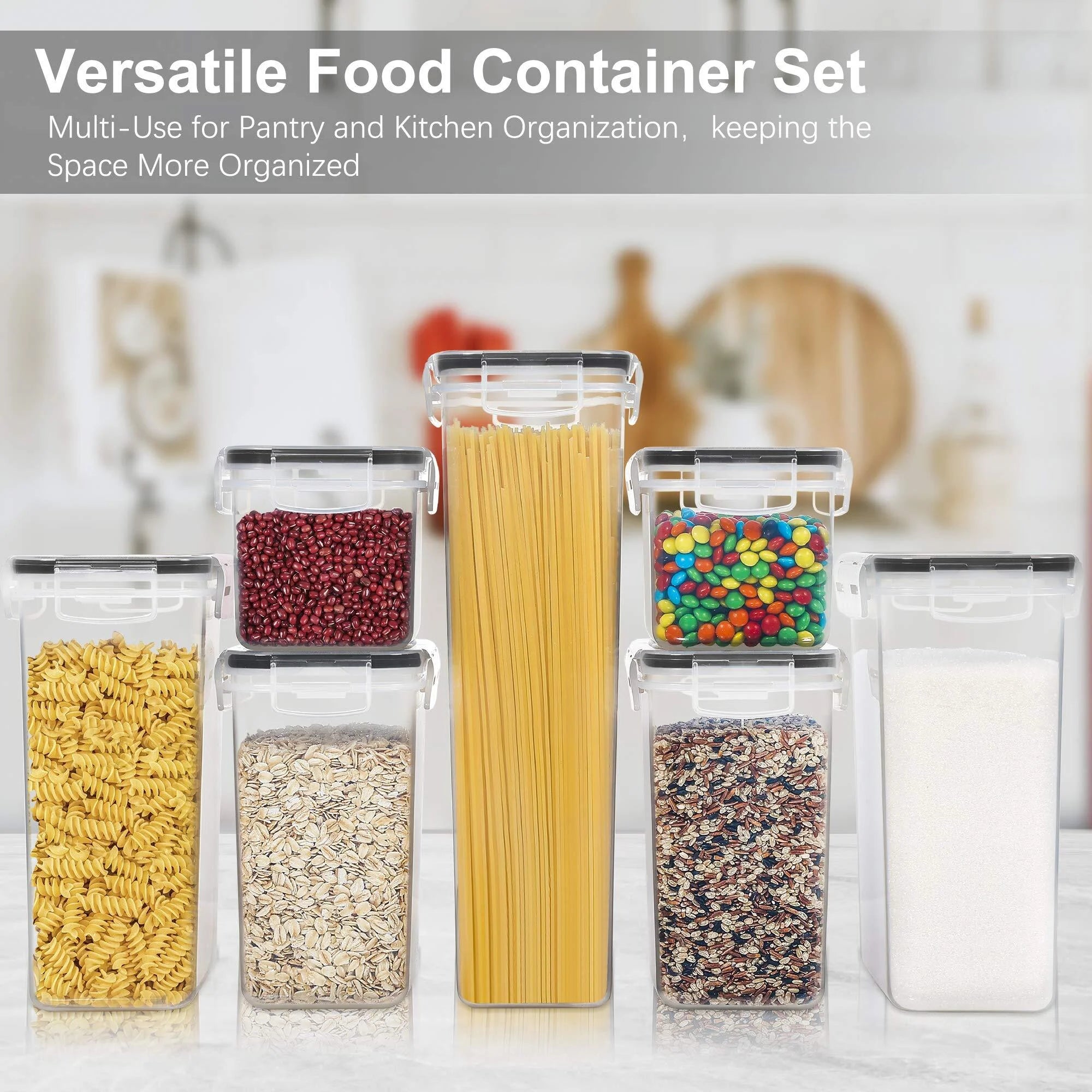 airtight food storage containers set, bpa free 7pcs plastic kitchen and pantry organization canisters, black airtight food storage containers set, bpa free 7pcs plastic kitchen and pantry organization canisters, black