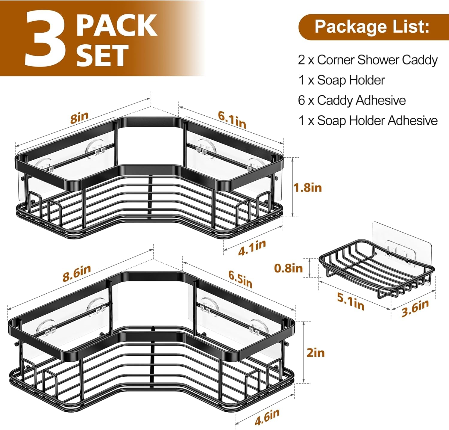 3 pack corner shower caddy with soap holder, large capacity sturdy easy install no drilling stainless steel hold 40 lbs shower organizer shelves rack storage for family renters bathroom, black 3 pack corner shower caddy with soap holder, large capacity sturdy easy install no drilling stainless steel hold 40 lbs shower organizer shelves rack storage for family renters bathroom, black