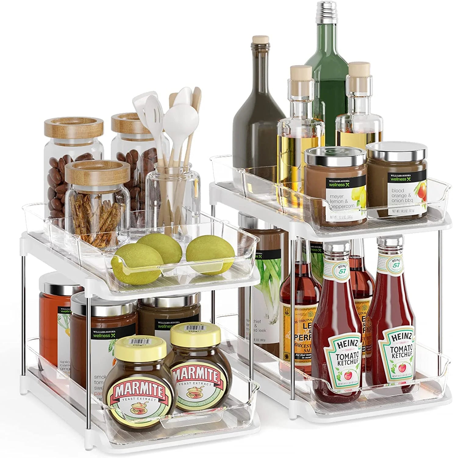 2 pack set under sink organizers and storage, 2 tier sliding bathroom sink organizer, multi use under kitchen cabinet storage shelf (s&l), transparent 2 pack set under sink organizers and storage, 2 tier sliding bathroom sink organizer, multi use under kitchen cabinet storage shelf (s&l), transparent