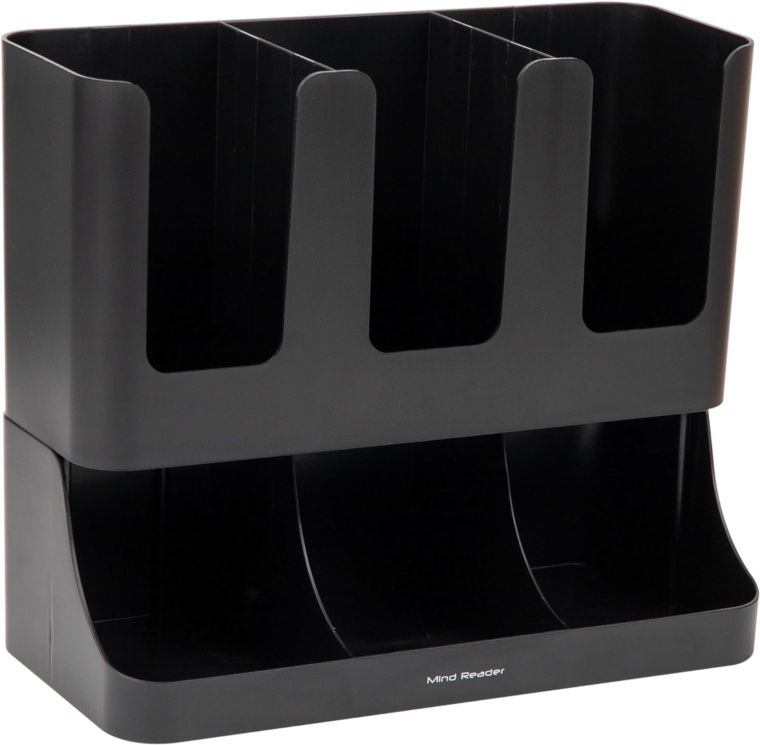 cup and condiment station, 13 inch countertop coffee bar organizer with 6 compartments, storage caddy for cups, lids and packets, plastic, black cup and condiment station, 13 inch countertop coffee bar organizer with 6 compartments, storage caddy for cups, lids and packets, plastic, black
