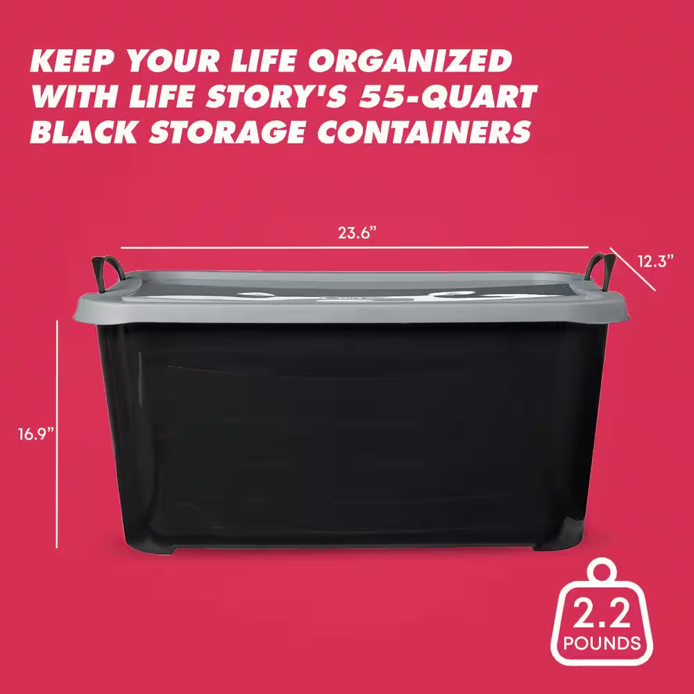 55 qt stackable home organization lidded storage container in black, (6 pack) 55 qt stackable home organization lidded storage container in black, (6 pack)