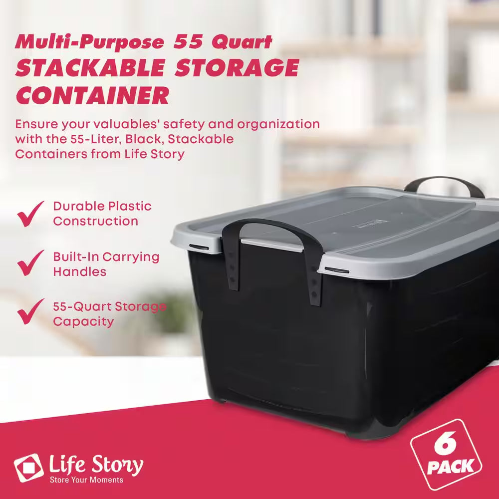 55 qt stackable home organization lidded storage container in black, (6 pack) 55 qt stackable home organization lidded storage container in black, (6 pack)