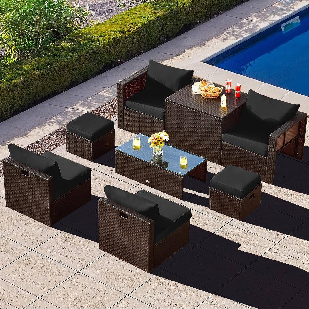 8 piece patio rattan pe wicker conversation set all weather furniture set with cushions black 8 piece patio rattan pe wicker conversation set all weather furniture set with cushions black