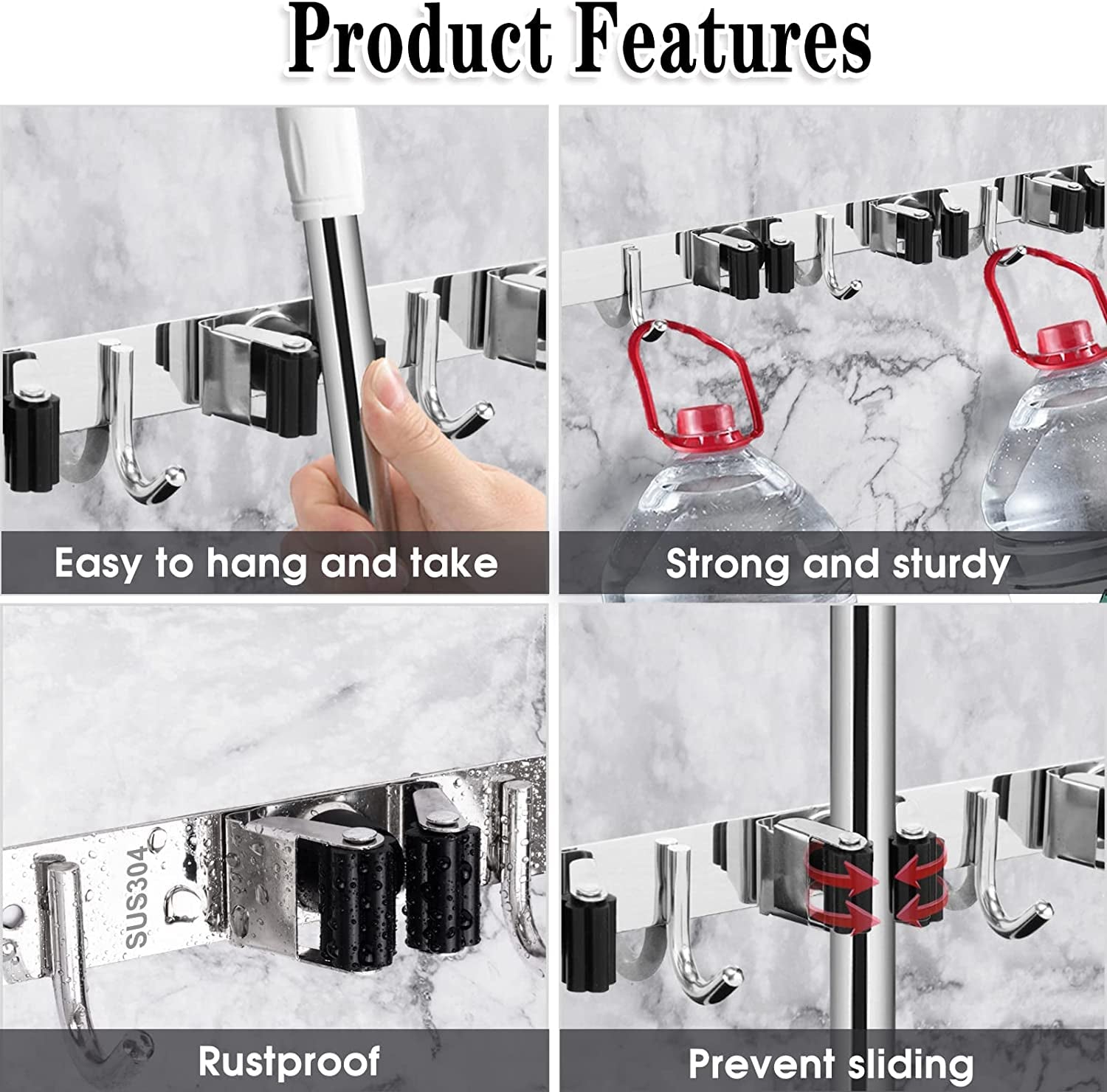5 racks and 4 hooks mop and broom holder wall mount, broom organizer storage tool racks stainless steel heavy duty hooks self adhesive solid non slip for home kitchen garden laundry garage 5 racks and 4 hooks mop and broom holder wall mount, broom organizer storage tool racks stainless steel heavy duty hooks self adhesive solid non slip for home kitchen garden laundry garage