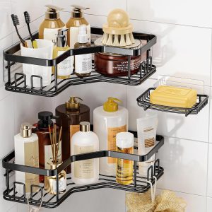 3 pack corner shower caddy with soap holder, large capacity sturdy easy install no drilling stainless steel hold 40 lbs shower organizer shelves rack storage for family renters bathroom, black