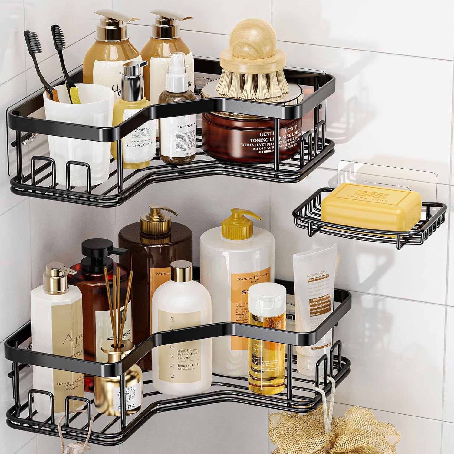 3 pack corner shower caddy with soap holder, large capacity sturdy easy install no drilling stainless steel hold 40 lbs shower organizer shelves rack storage for family renters bathroom, black 3 pack corner shower caddy with soap holder, large capacity sturdy easy install no drilling stainless steel hold 40 lbs shower organizer shelves rack storage for family renters bathroom, black