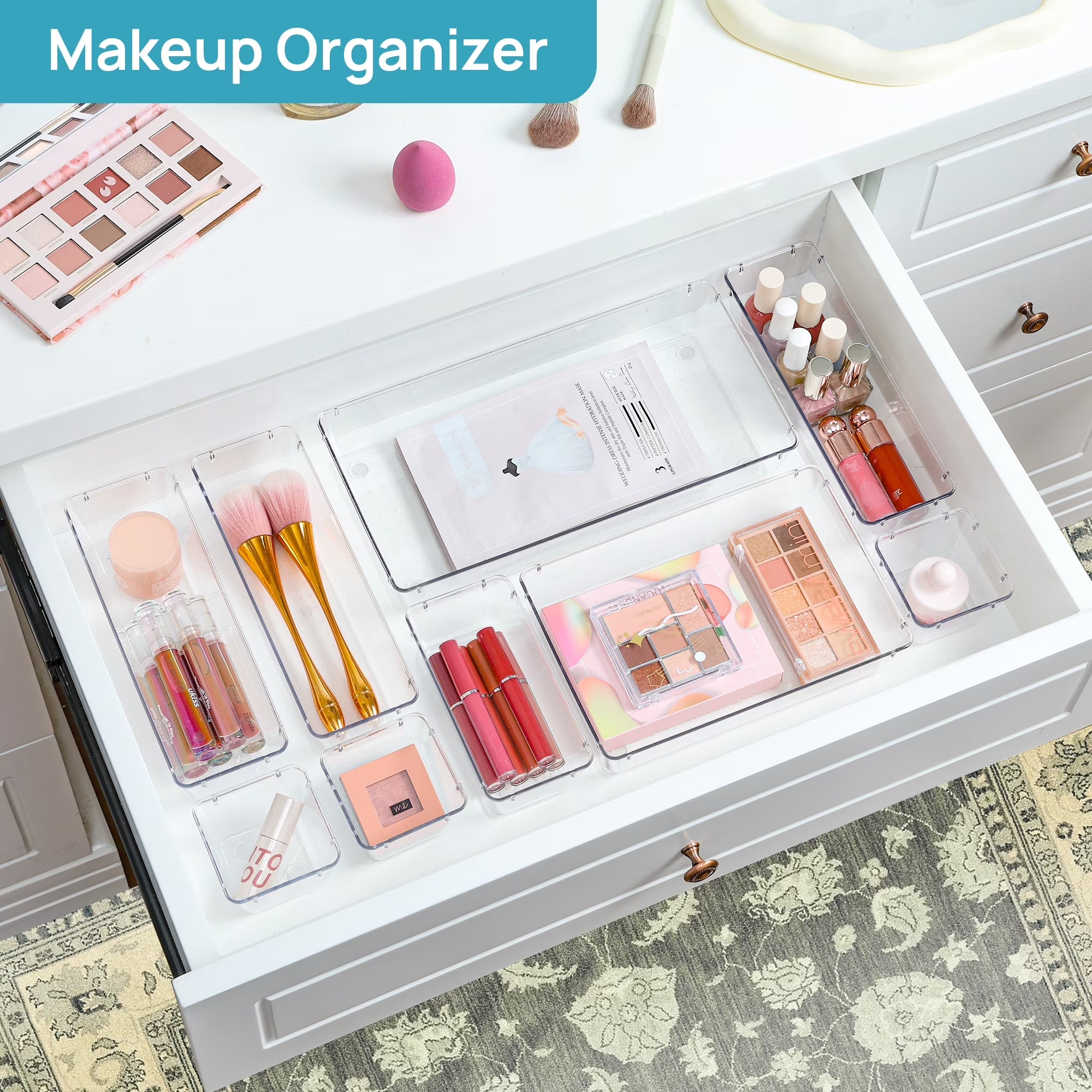 60 pcs drawer organizer, 4 size clear plastic bins containers, for bathroom and vanity storage 60 pcs drawer organizer, 4 size clear plastic bins containers, for bathroom and vanity storage