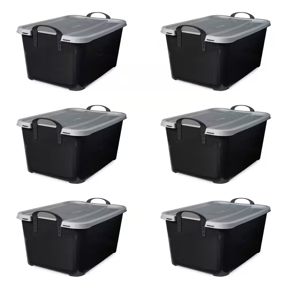 55 qt stackable home organization lidded storage container in black, (6 pack) 55 qt stackable home organization lidded storage container in black, (6 pack)