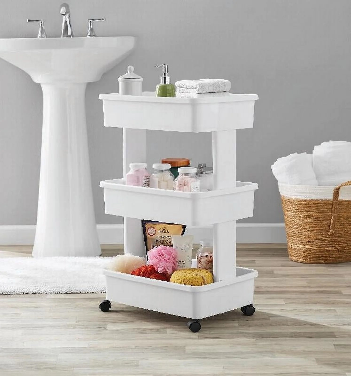 3 tier plastic rolling laundry cart, arctic white 3 tier plastic rolling laundry cart, arctic white