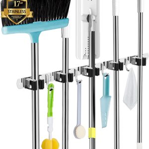 5 racks and 4 hooks mop and broom holder wall mount, broom organizer storage tool racks stainless steel heavy duty hooks self adhesive solid non slip for home kitchen garden laundry garage
