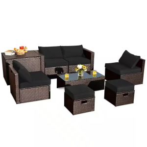 8 piece patio rattan pe wicker conversation set all weather furniture set with cushions black