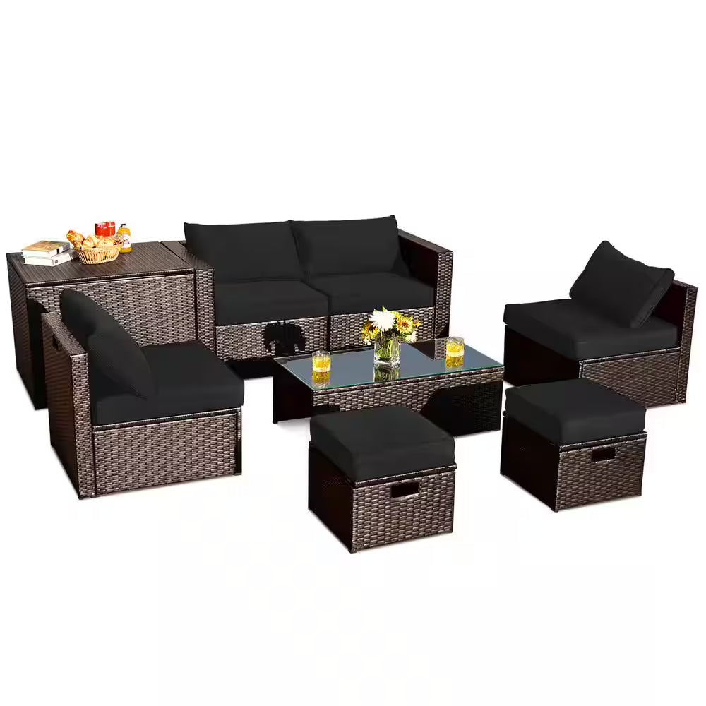 8 piece patio rattan pe wicker conversation set all weather furniture set with cushions black 8 piece patio rattan pe wicker conversation set all weather furniture set with cushions black