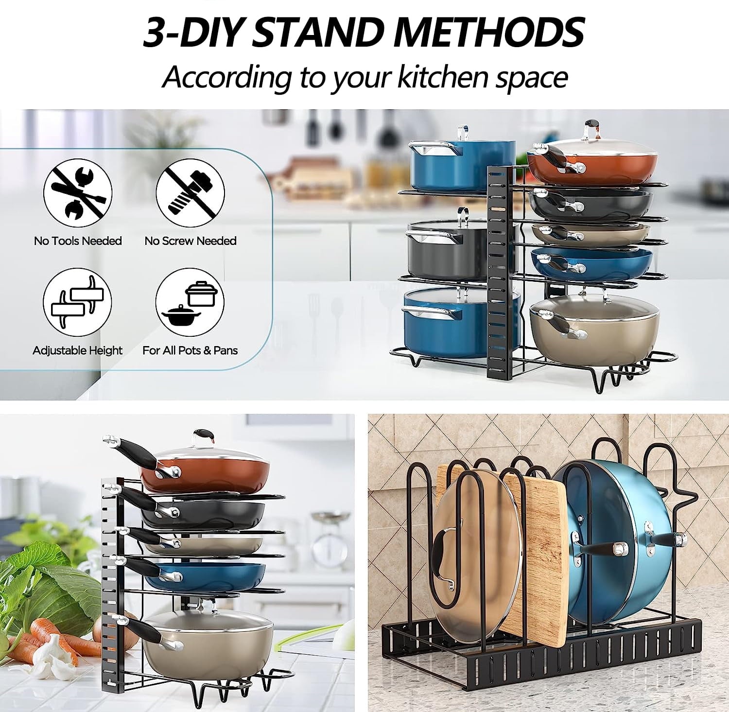 adjustable 8 tier pots and pans organizer rack with heavy duty metal construction and anti slip silicone pads for kitchen cabinet storage solutions adjustable 8 tier pots and pans organizer rack with heavy duty metal construction and anti slip silicone pads for kitchen cabinet storage solutions