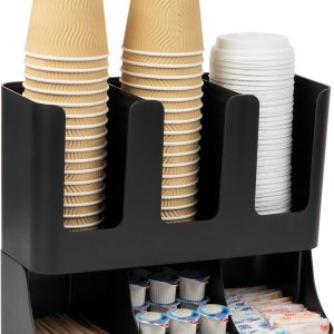 cup and condiment station, 13 inch countertop coffee bar organizer with 6 compartments, storage caddy for cups, lids and packets, plastic, black